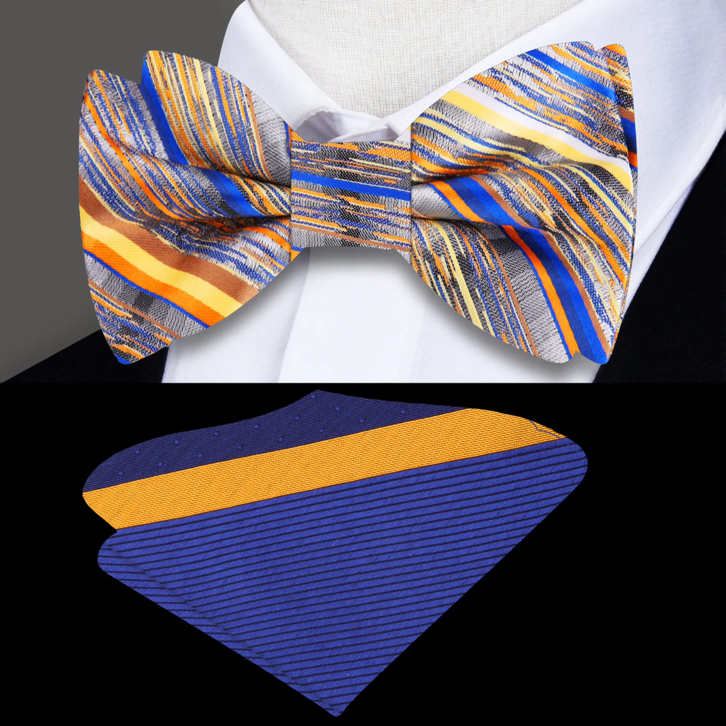 Gradient grey bow tie showcasing blue, orange, and yellow stripes viewed from the front.