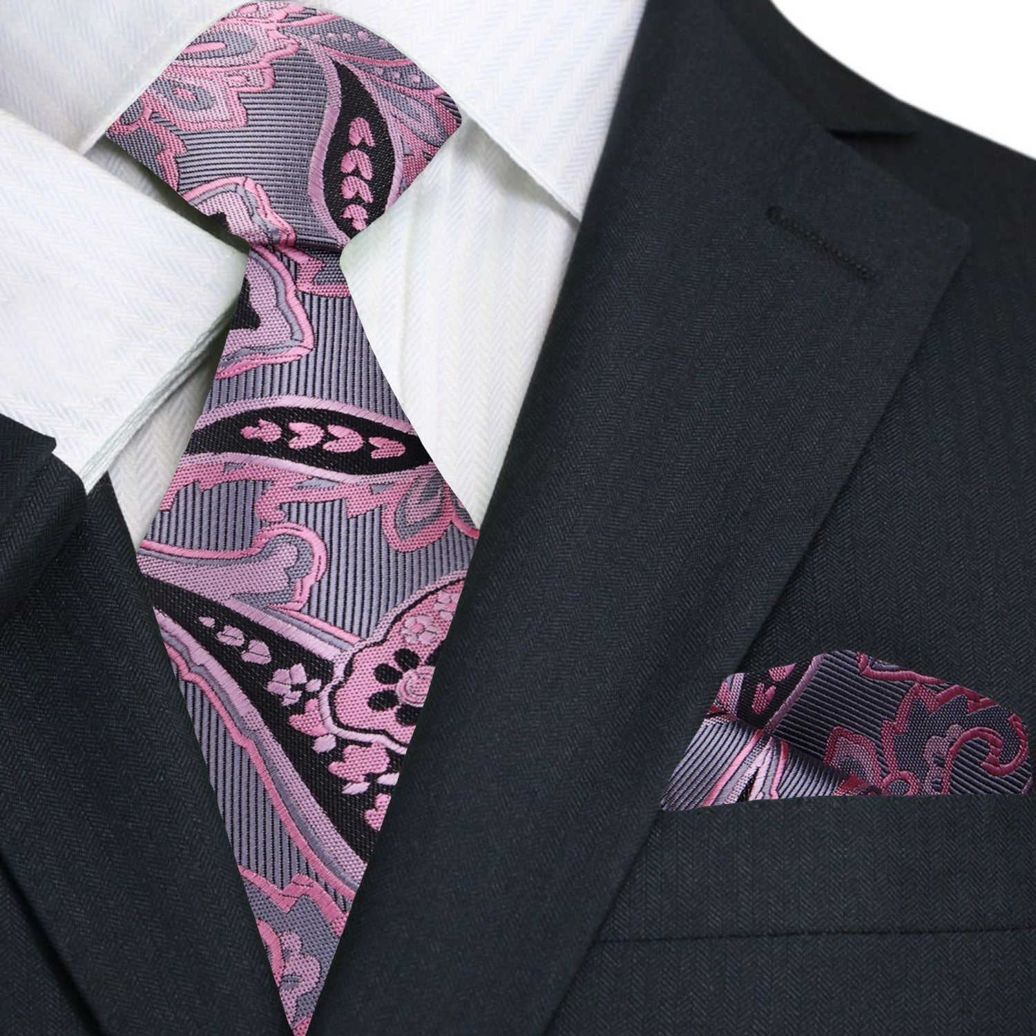 Detailed view of the elegant paisley necktie showcasing silver, pink, and black colors.