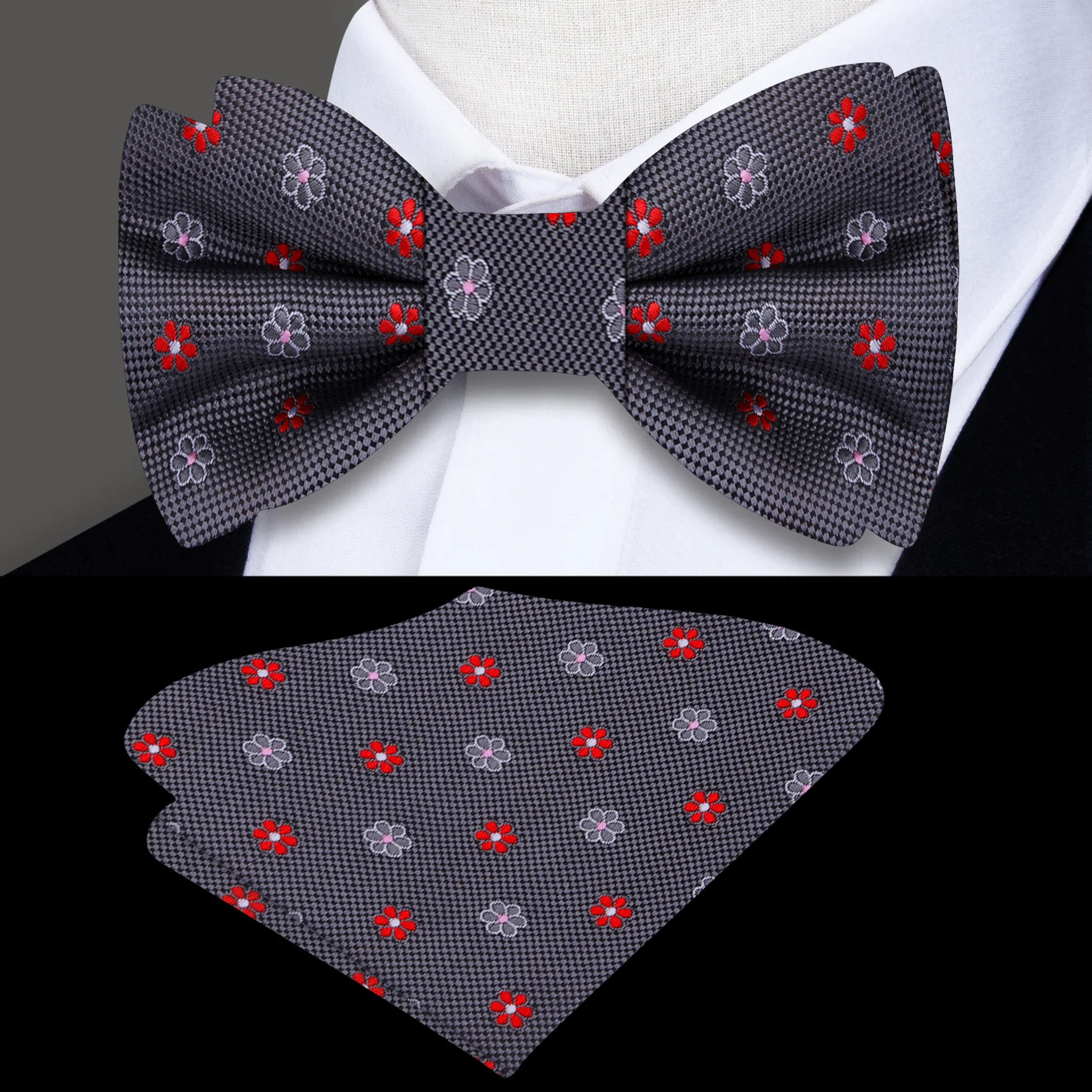 Close-up of the floral pattern on a silk bow tie for weddings
