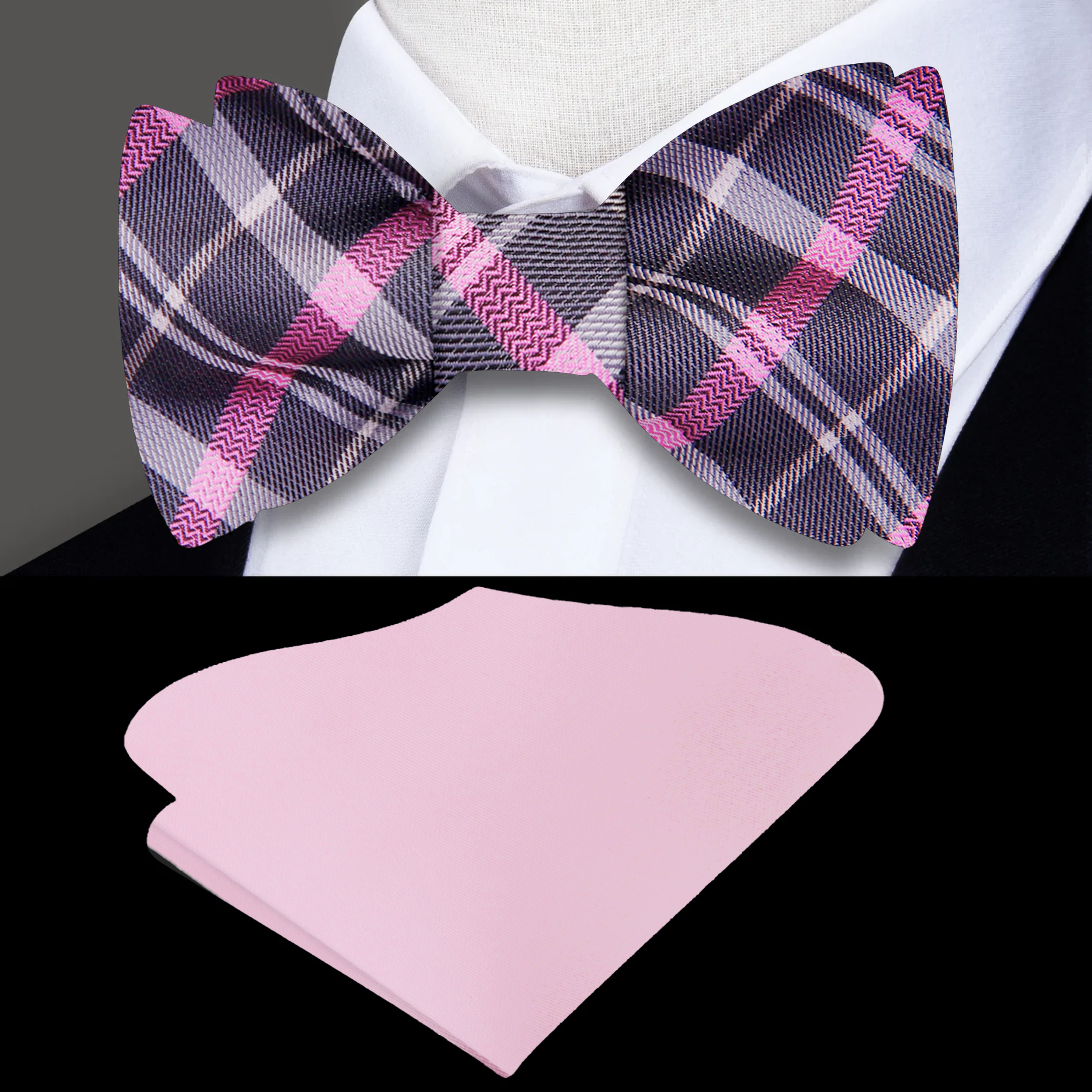 Front view of men's plaid silk bow tie highlighting pattern and color scheme