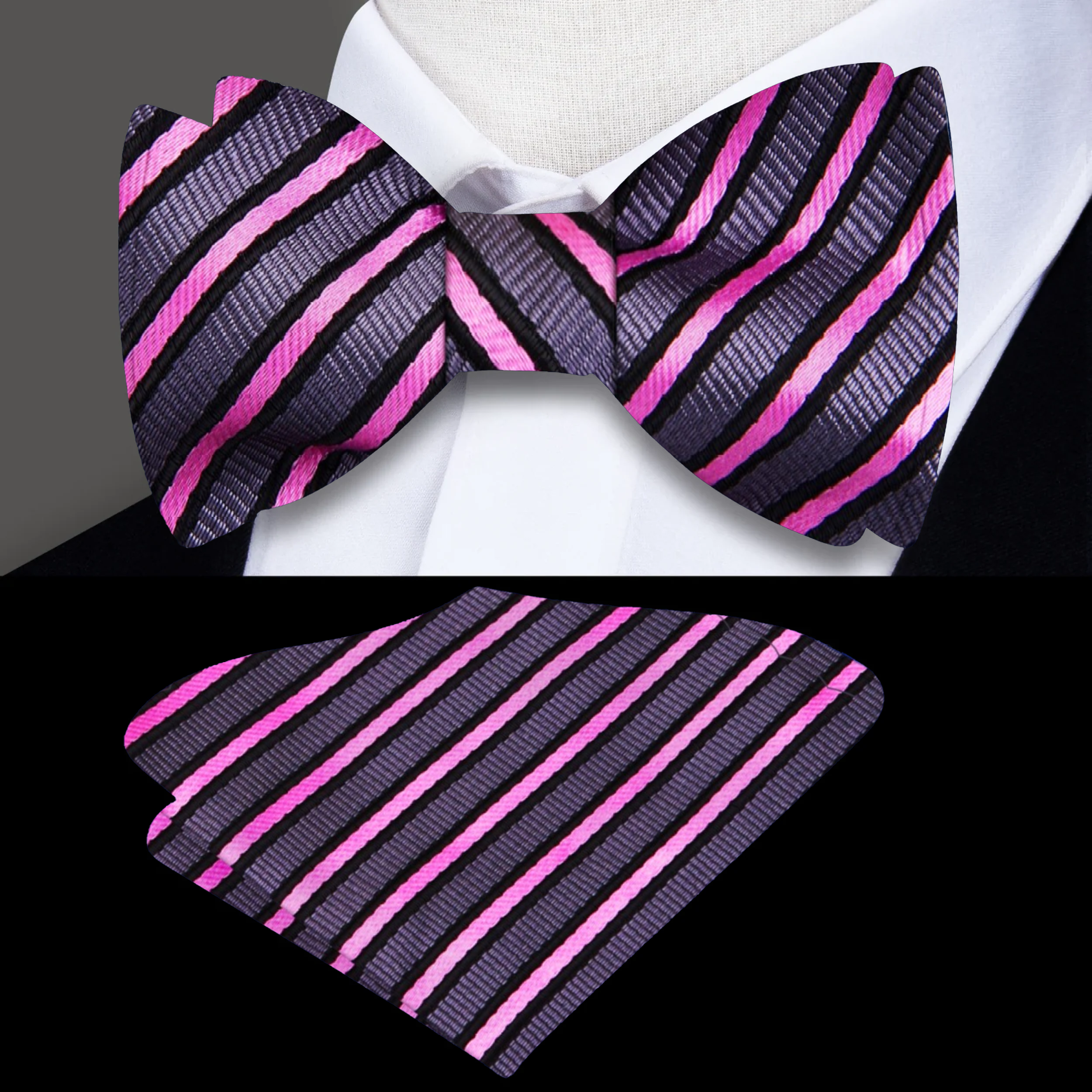Man wearing a self tie silk stripe bow tie at a wedding