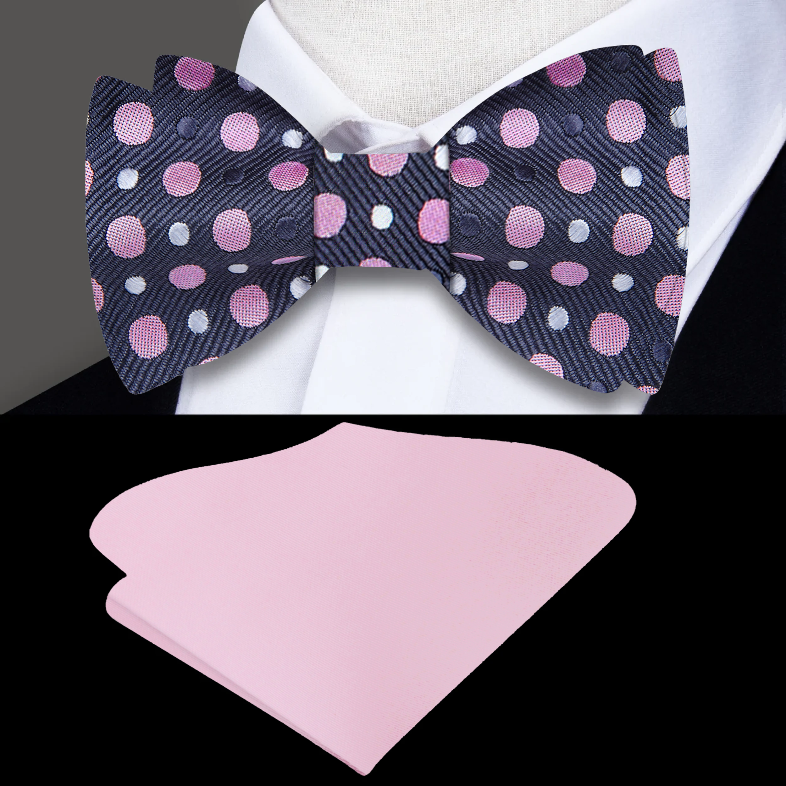 Elegant silk polka dot bow tie showcasing grey, white, and pink dots, perfect for formal occasions.