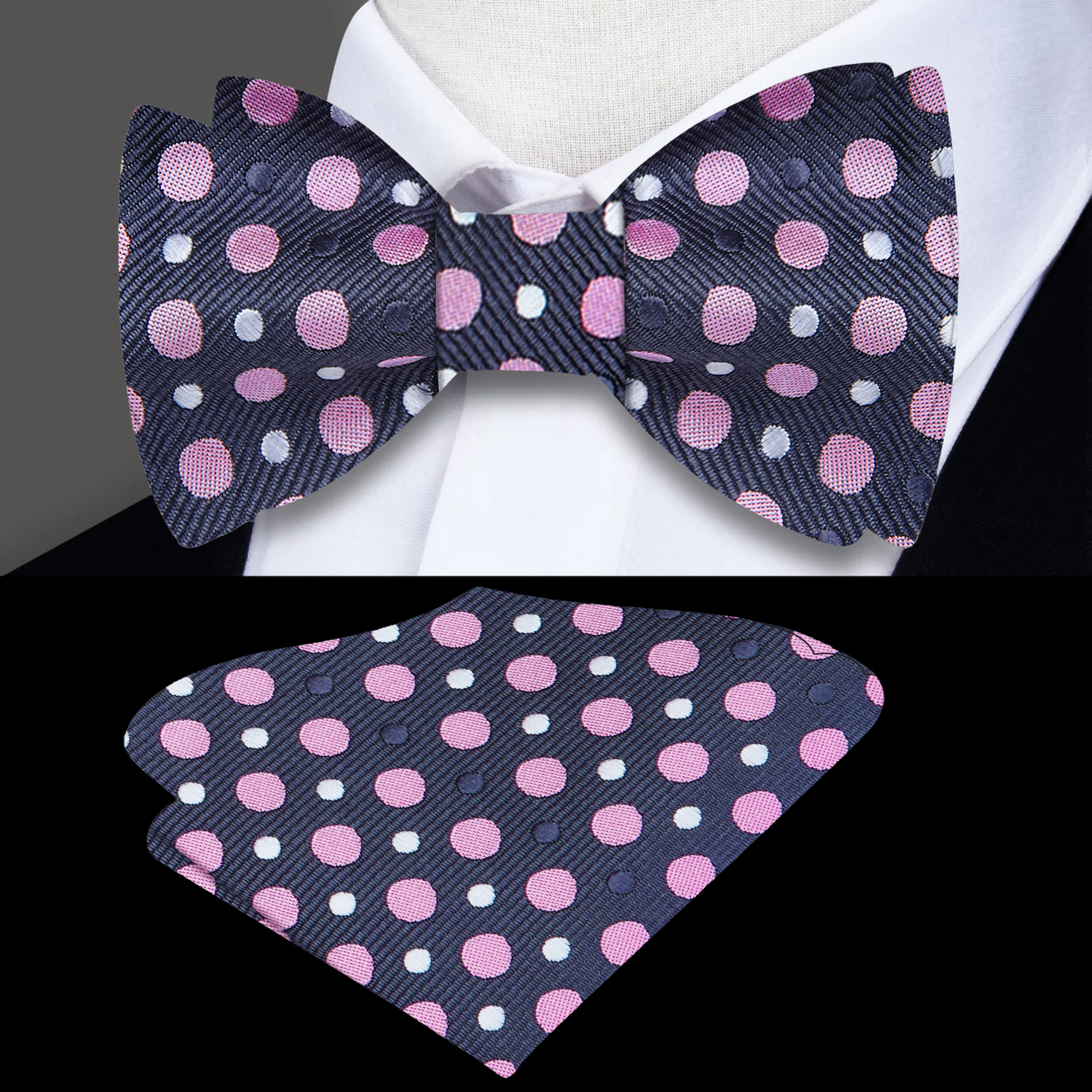 Close-up of the stylish silk bow tie paired with a light grey suit and matching pocket square.