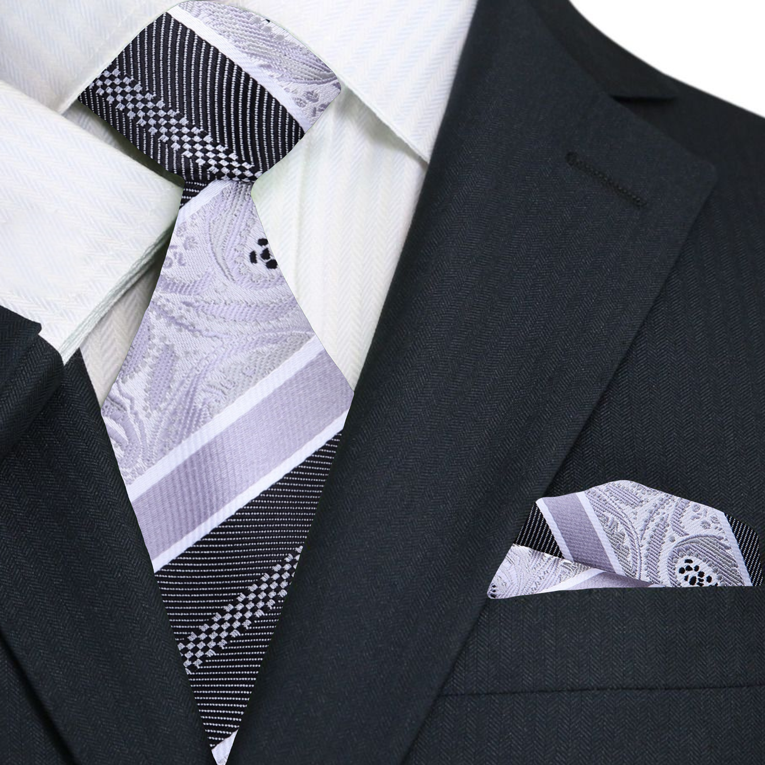 Man wearing the grey paisley necktie at a corporate meeting, paired with a white dress shirt.