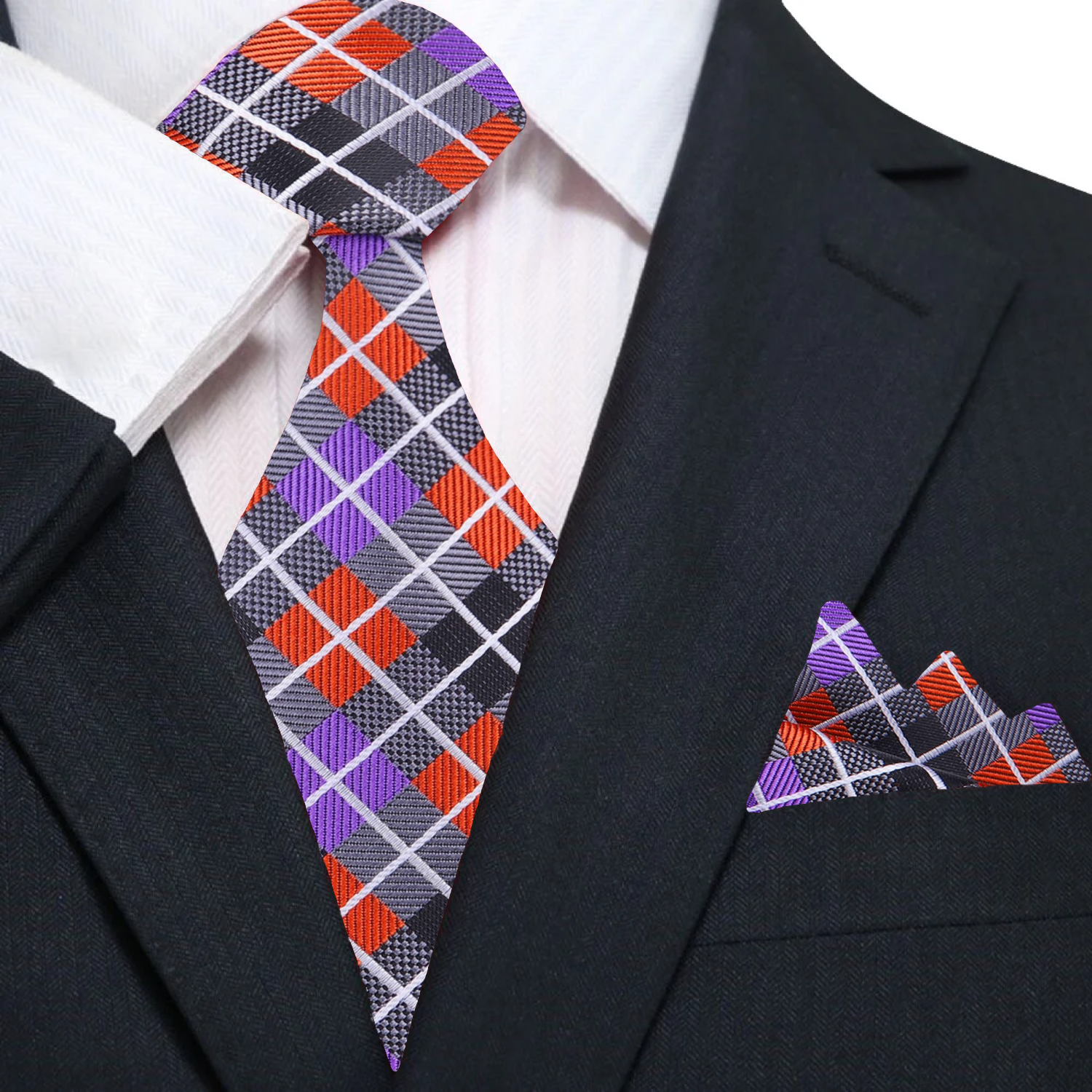 Model wearing the blue and purple argyle necktie with a navy suit