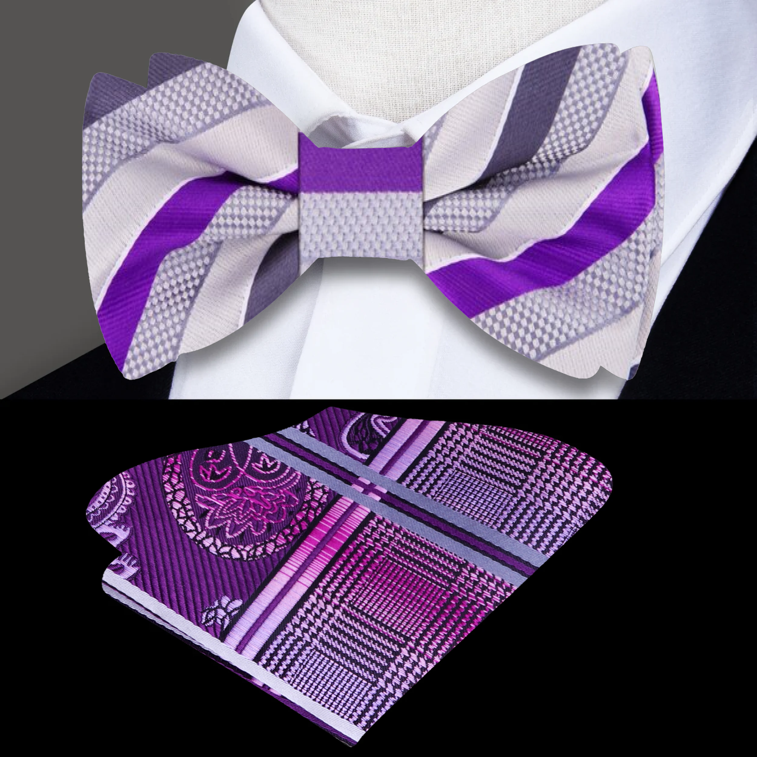 Close-up view of the silk texture of the grey and purple stripe bow tie