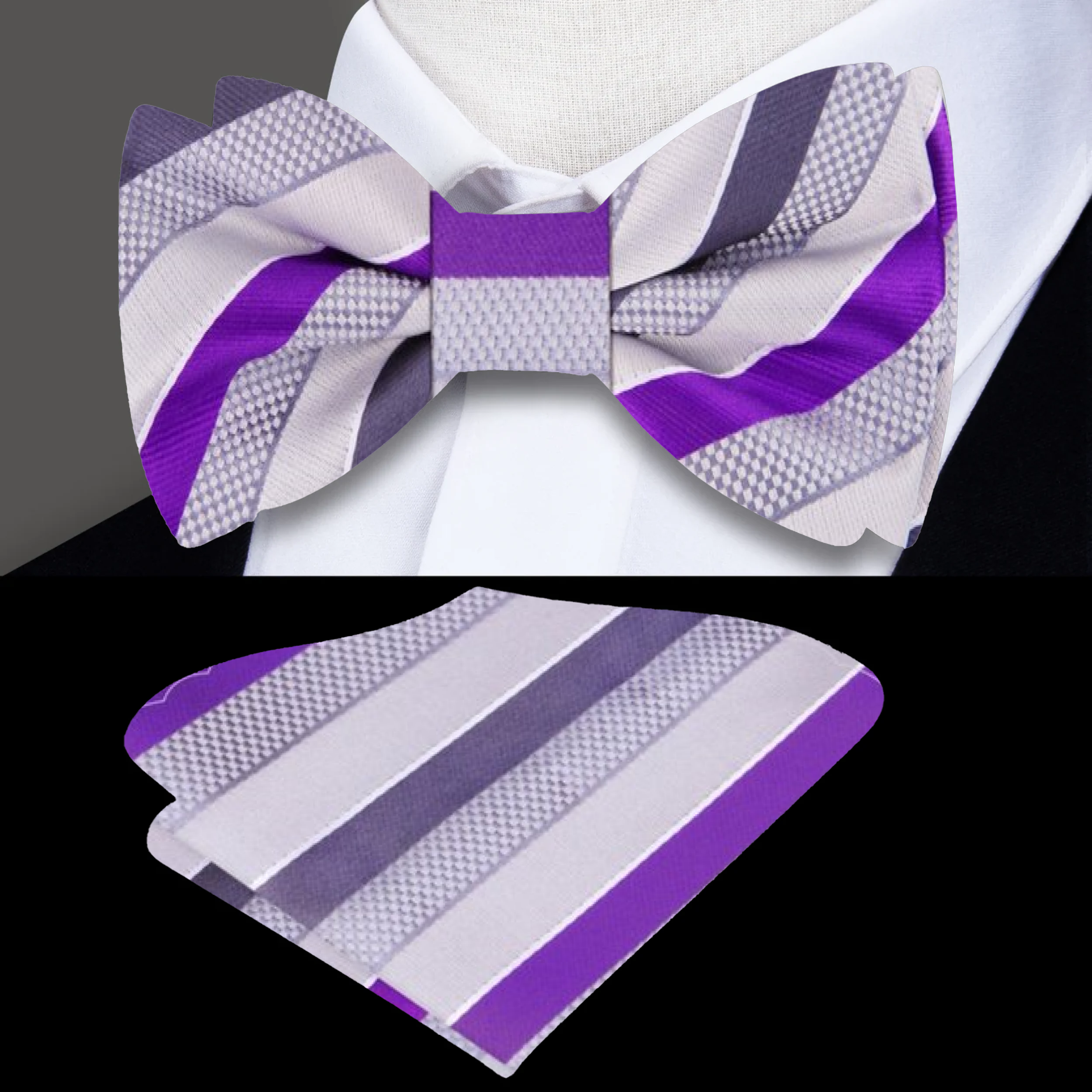 Pre-tied mens bow tie shown with a matching pocket square