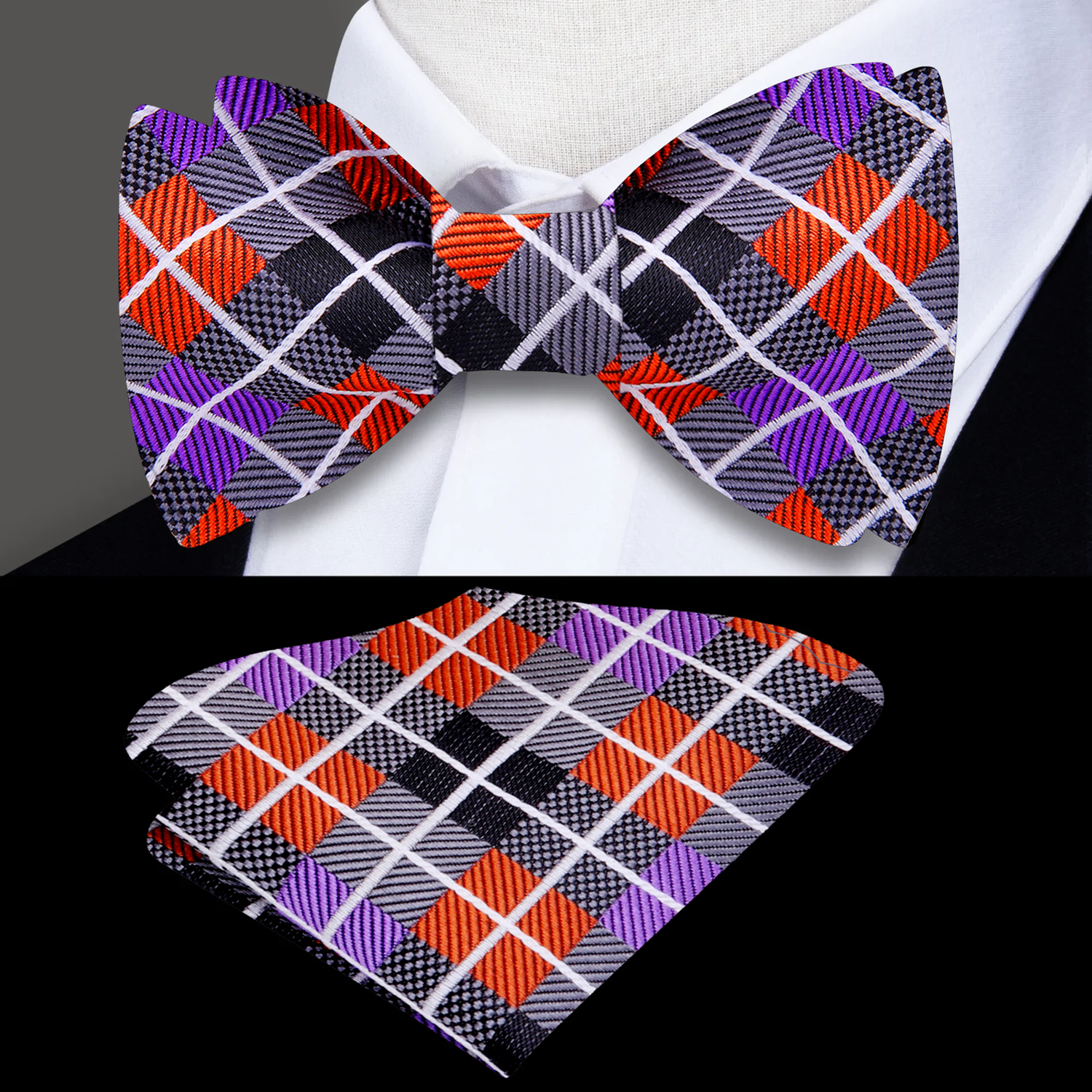 Close-up of the self tie argyle bow tie in burgundy and grey, perfect for weddings.