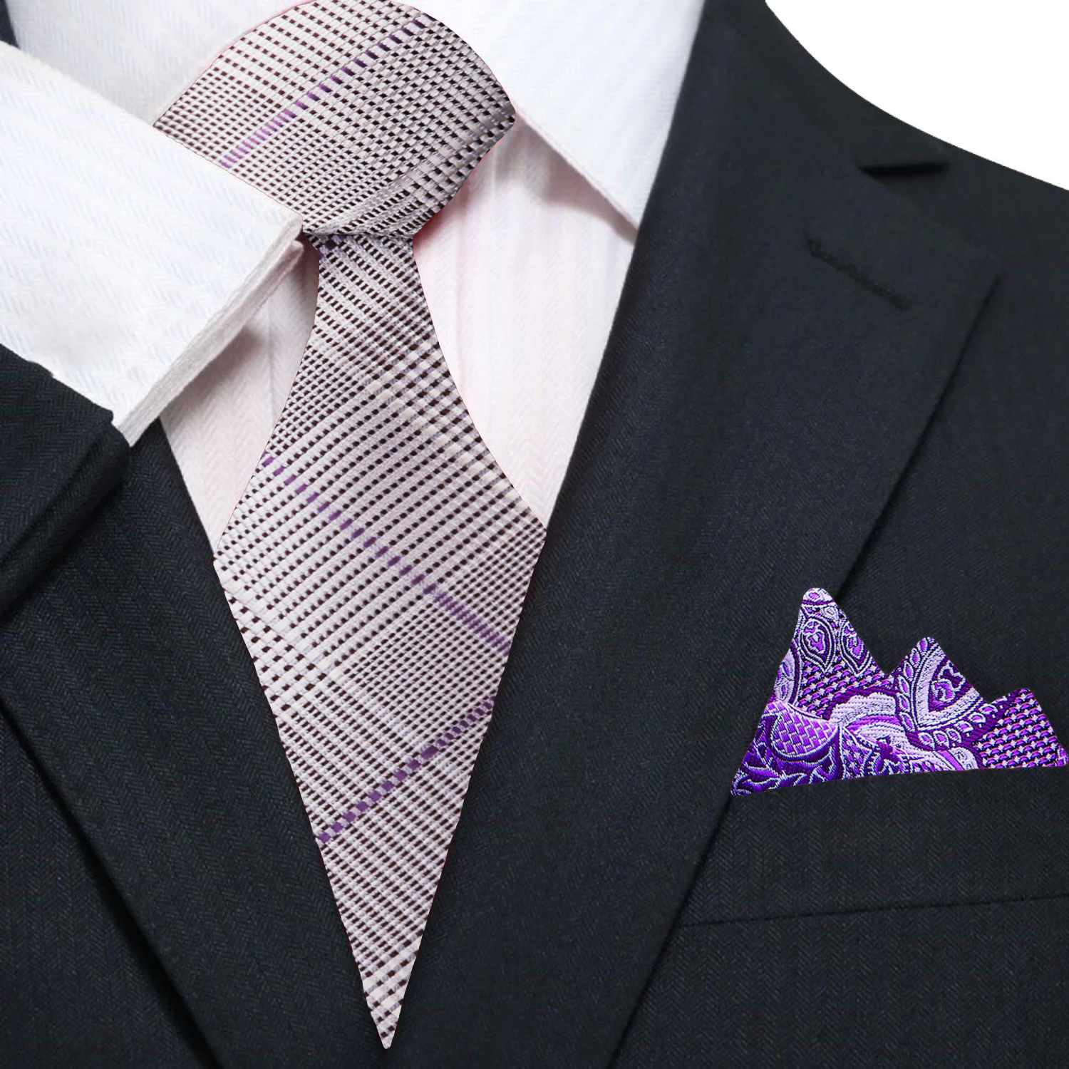 Grey plaid necktie styled with a charcoal suit and white shirt—ideal for weddings