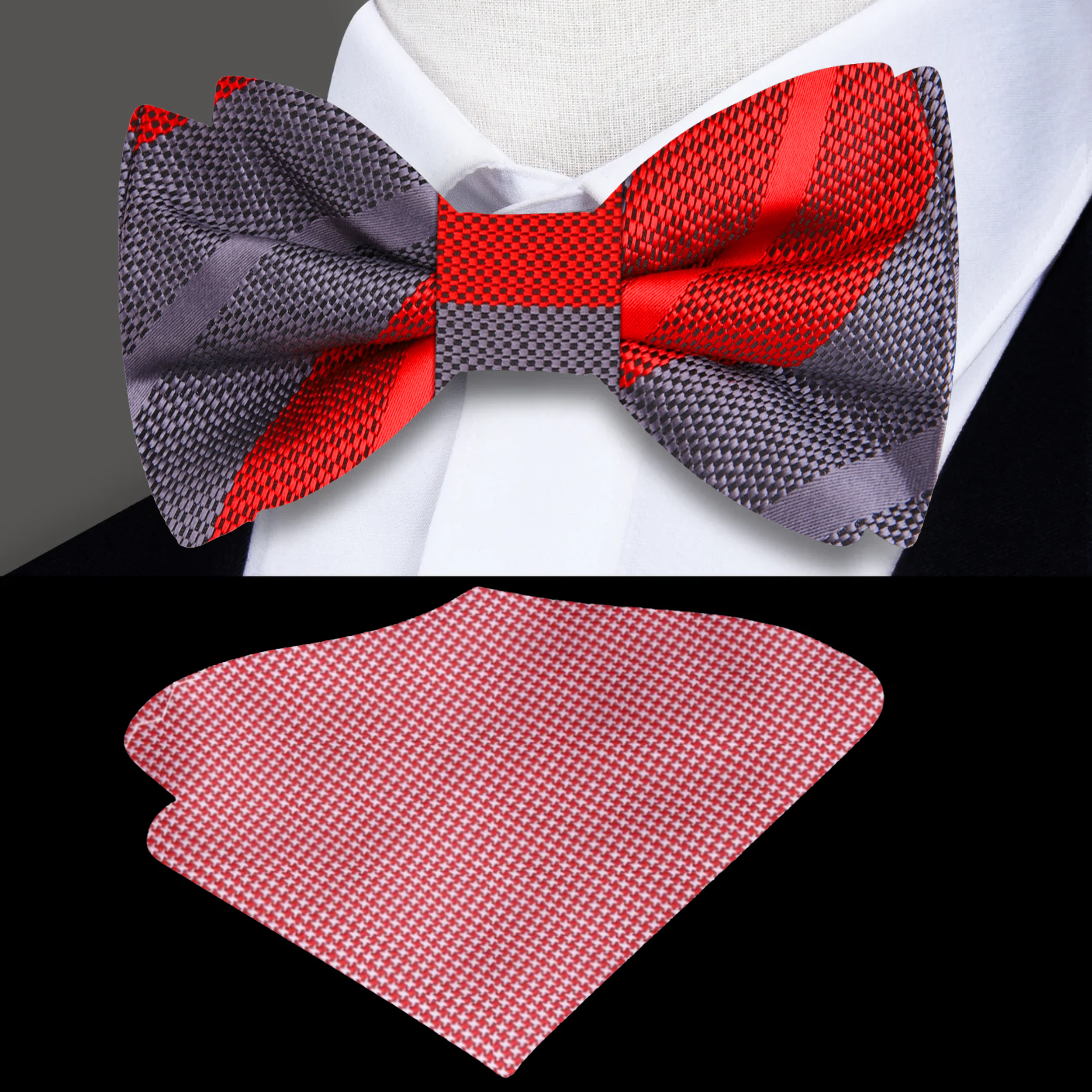 Close-up of the fabric pattern on the mens silk bow tie showing vibrant pink and grey stripes