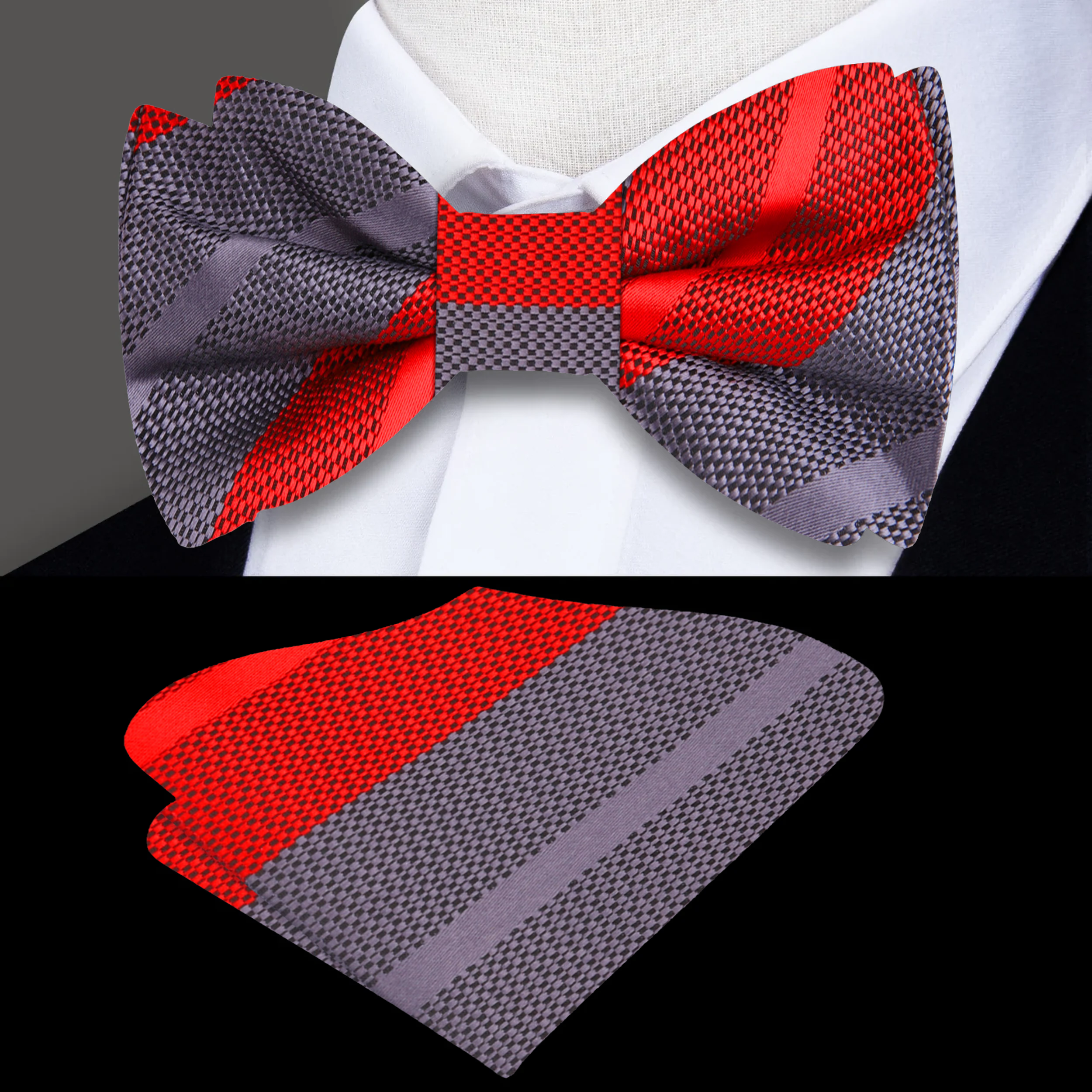 Fashionable mens striped silk bow tie paired with navy suit for formal events