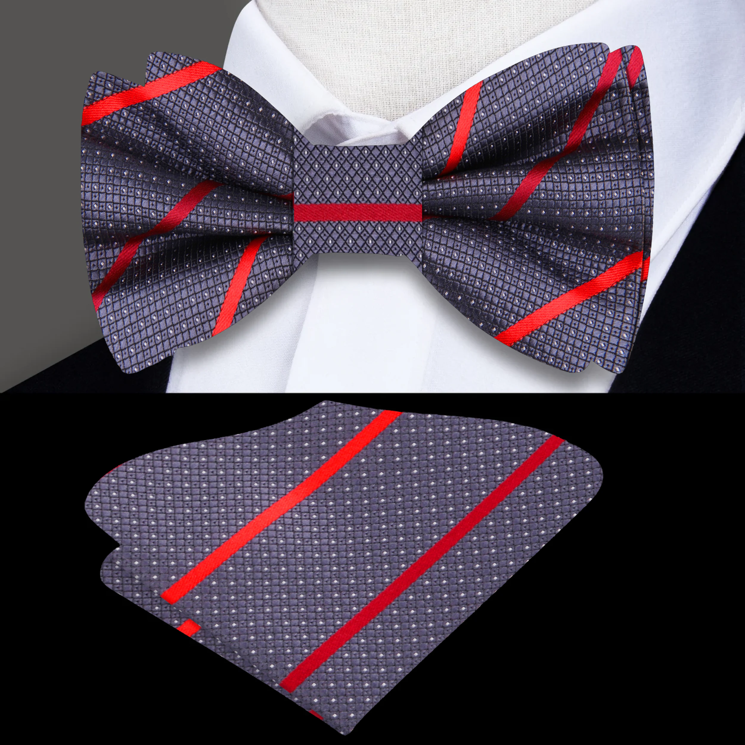 Elegant dark blue silk bow tie with brown stripes on a mannequin for formal wear