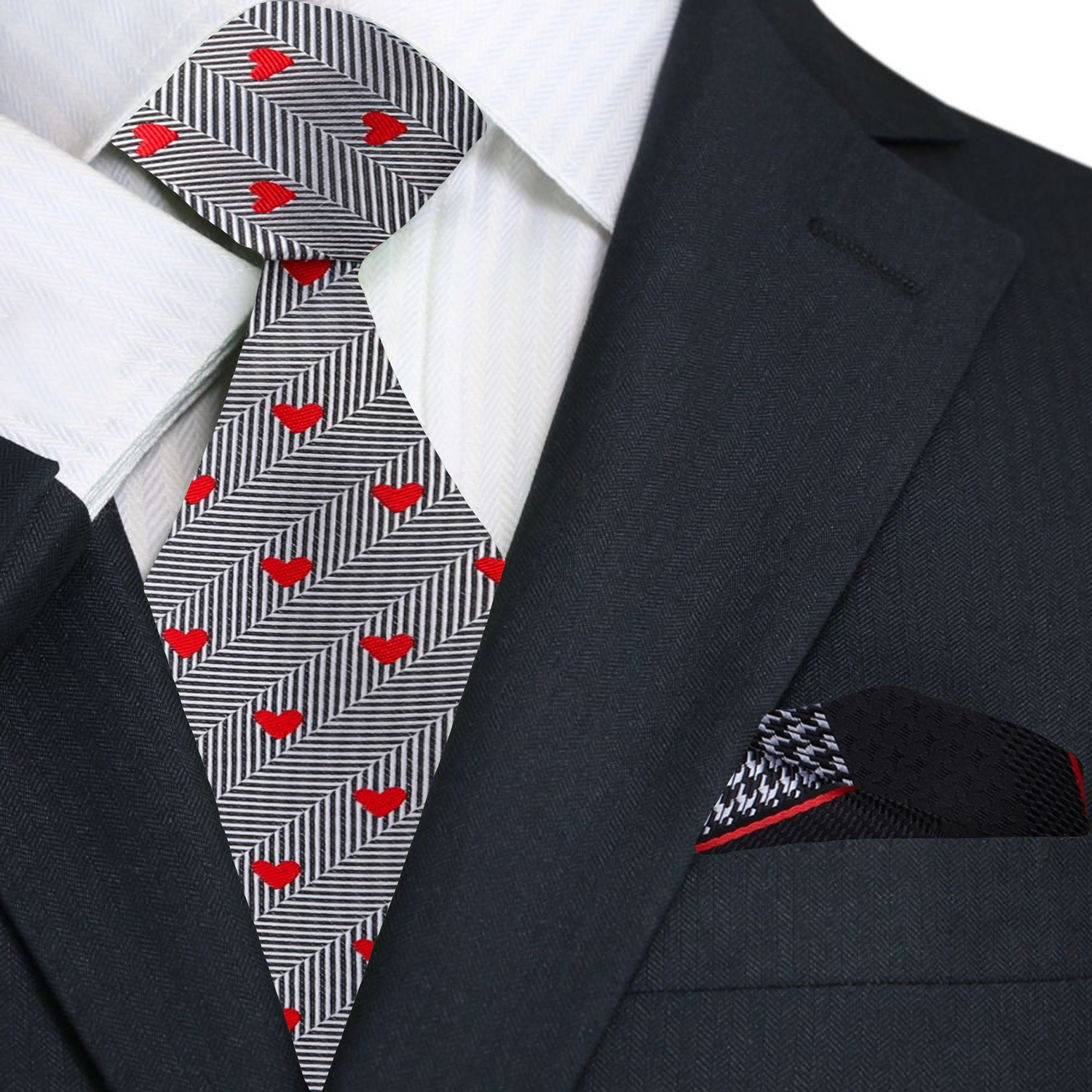 Model wearing the Heartfelt Elegance Silk Necktie paired with a white dress shirt, displaying a festive Valentines Day look.