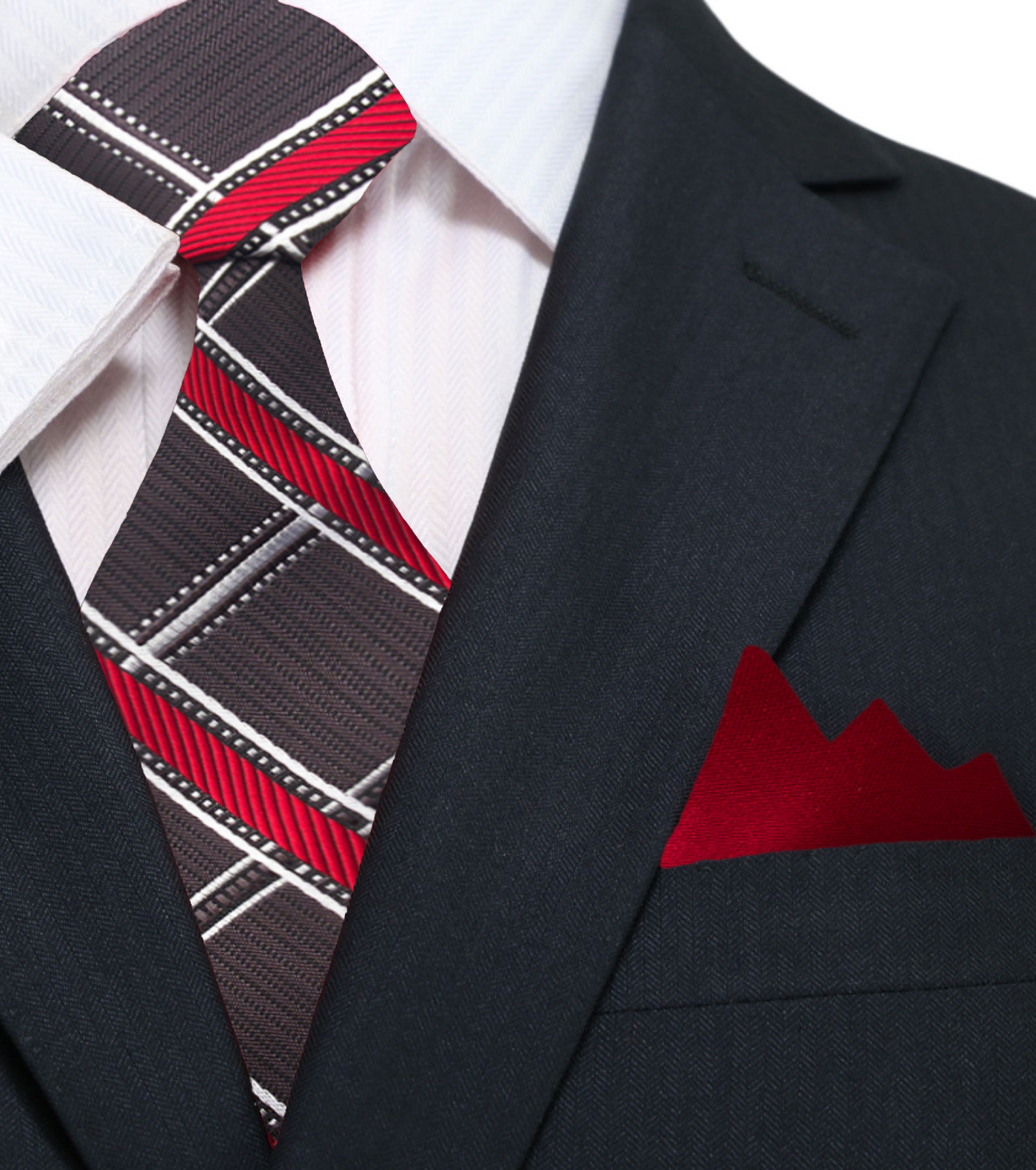 Close-up of the plaid pattern on the silk tie showing intricate details.