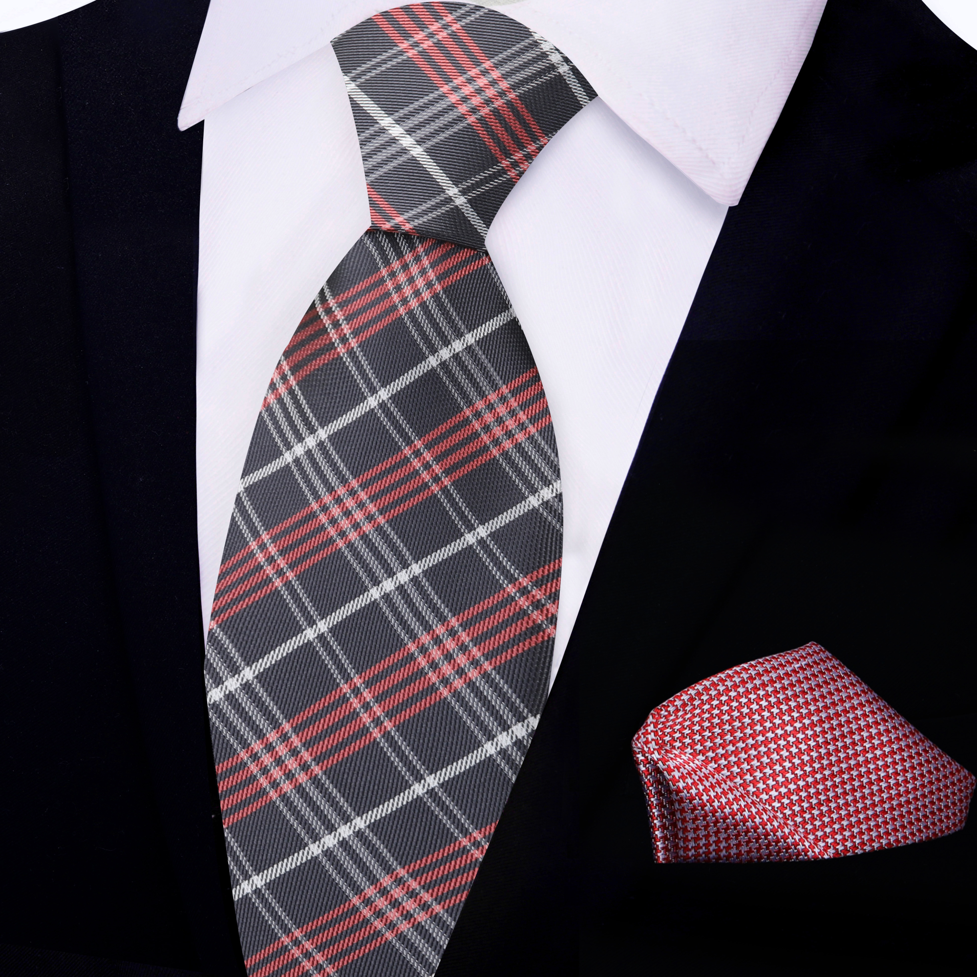 Front view of a silk plaid necktie with a sophisticated pattern