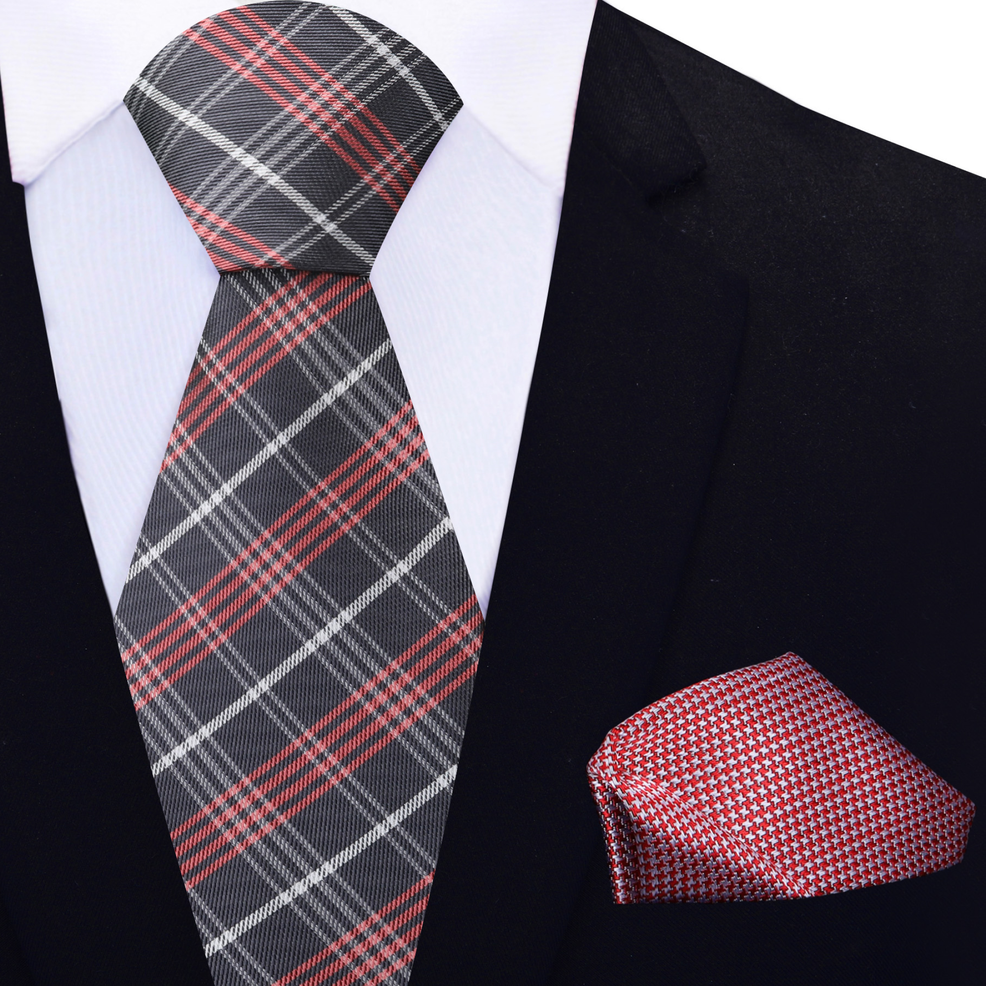 Men wearing a plaid silk necktie with a tailored suit at a wedding