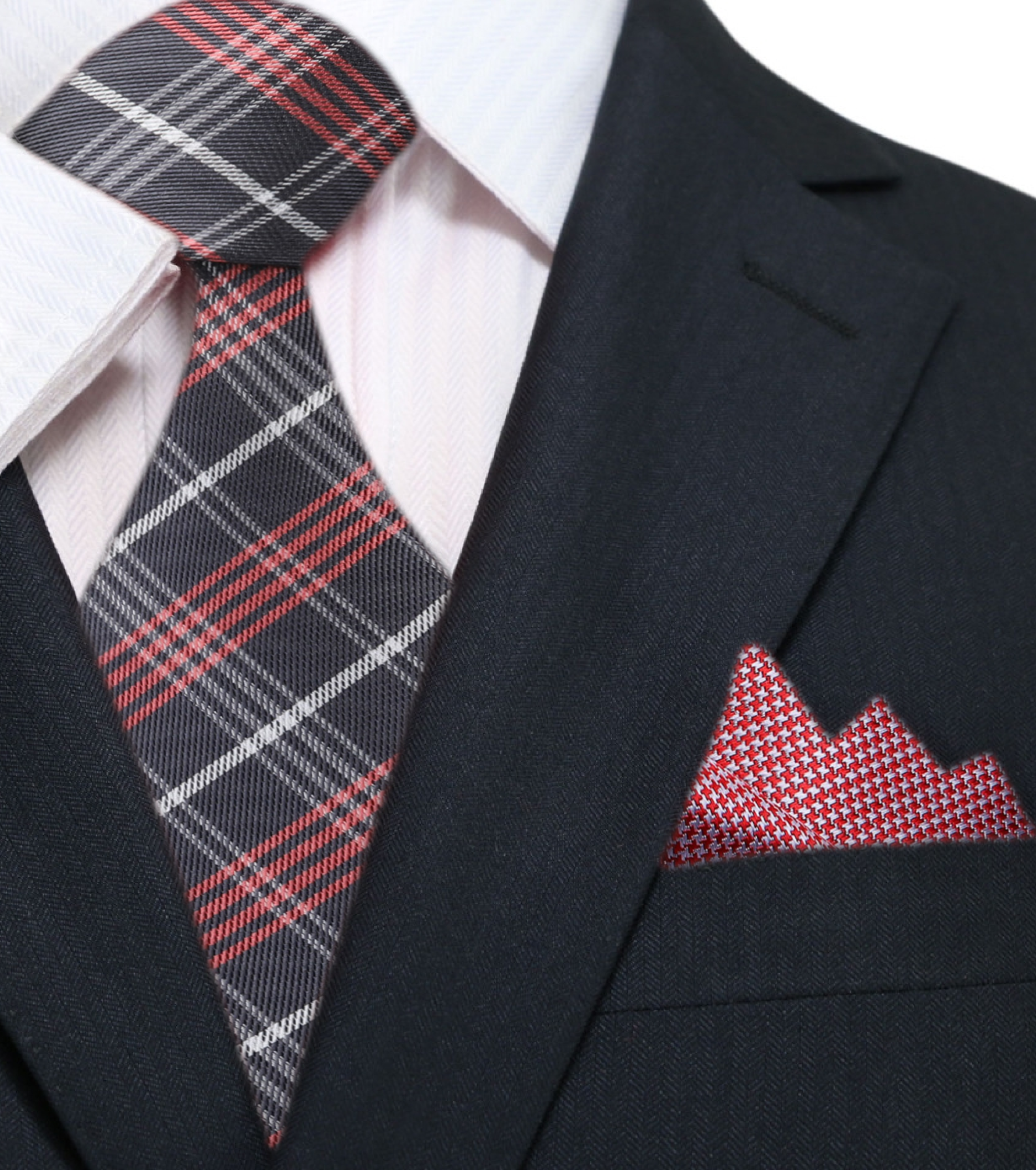 Men wearing a plaid silk necktie with a tailored suit at a wedding