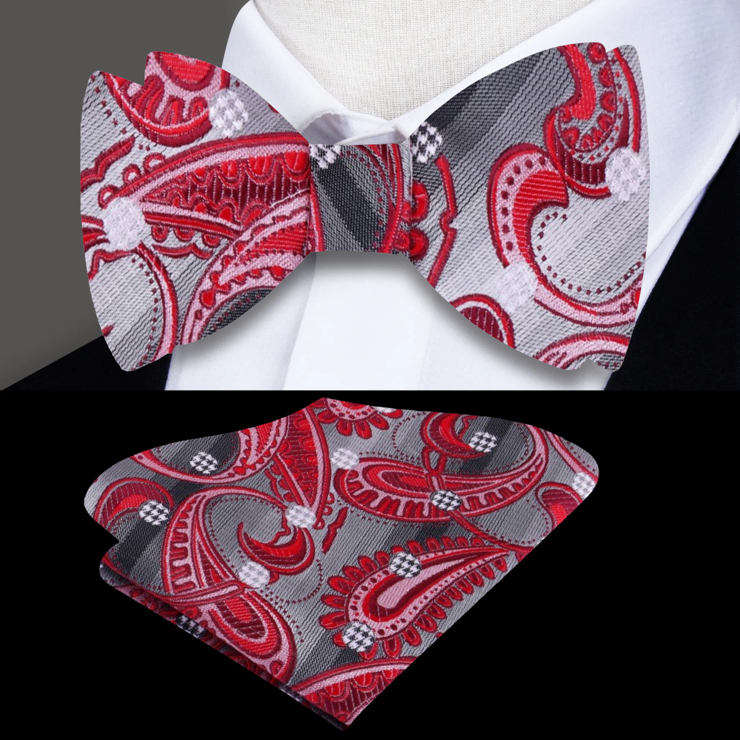 Silk bow tie paired with a charcoal suit and white dress shirt, styled for cocktail party attire