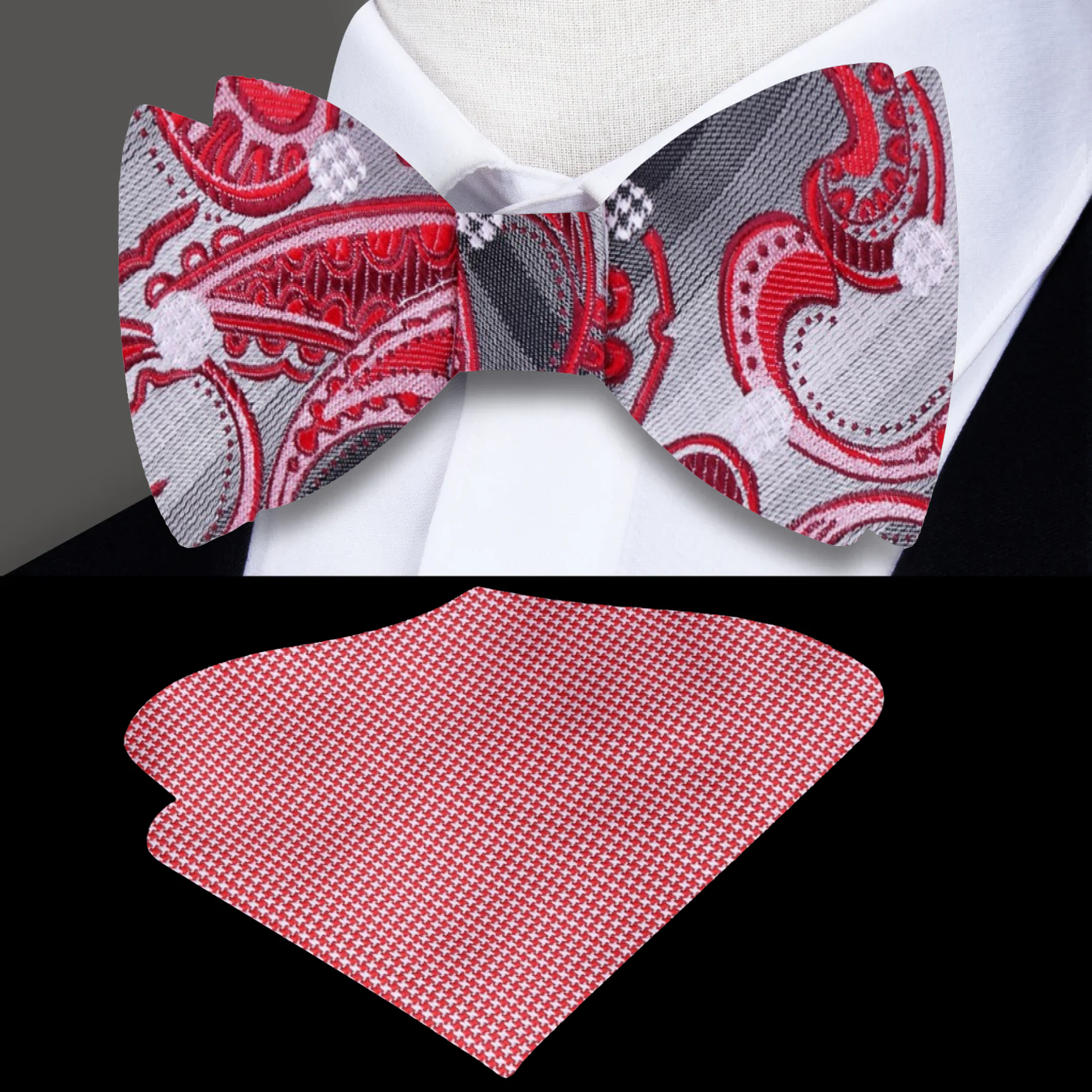 Close-up of the paisley bow tie showing red and grey silk texture for a formal gala look