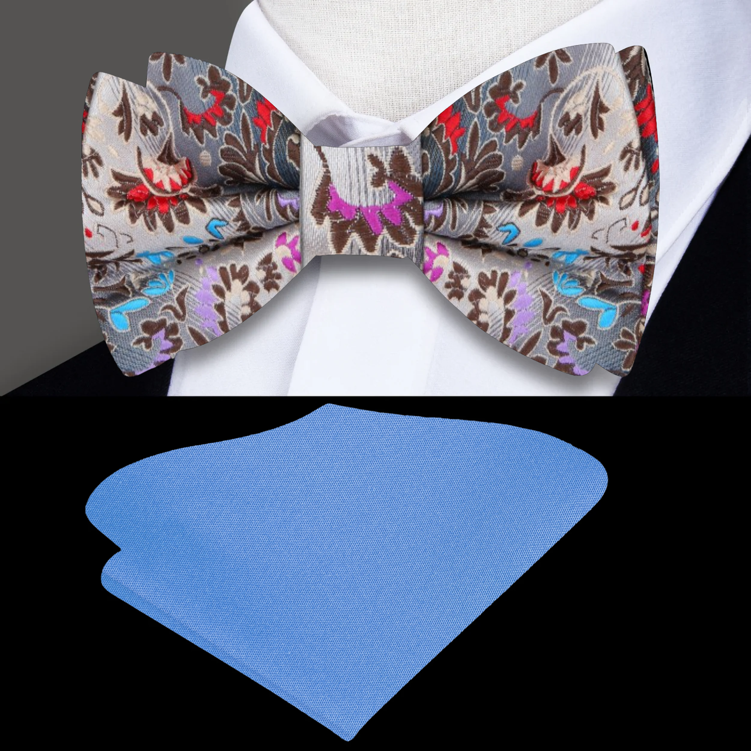Fashionably styled floral bow tie paired with a white dress shirt for garden parties