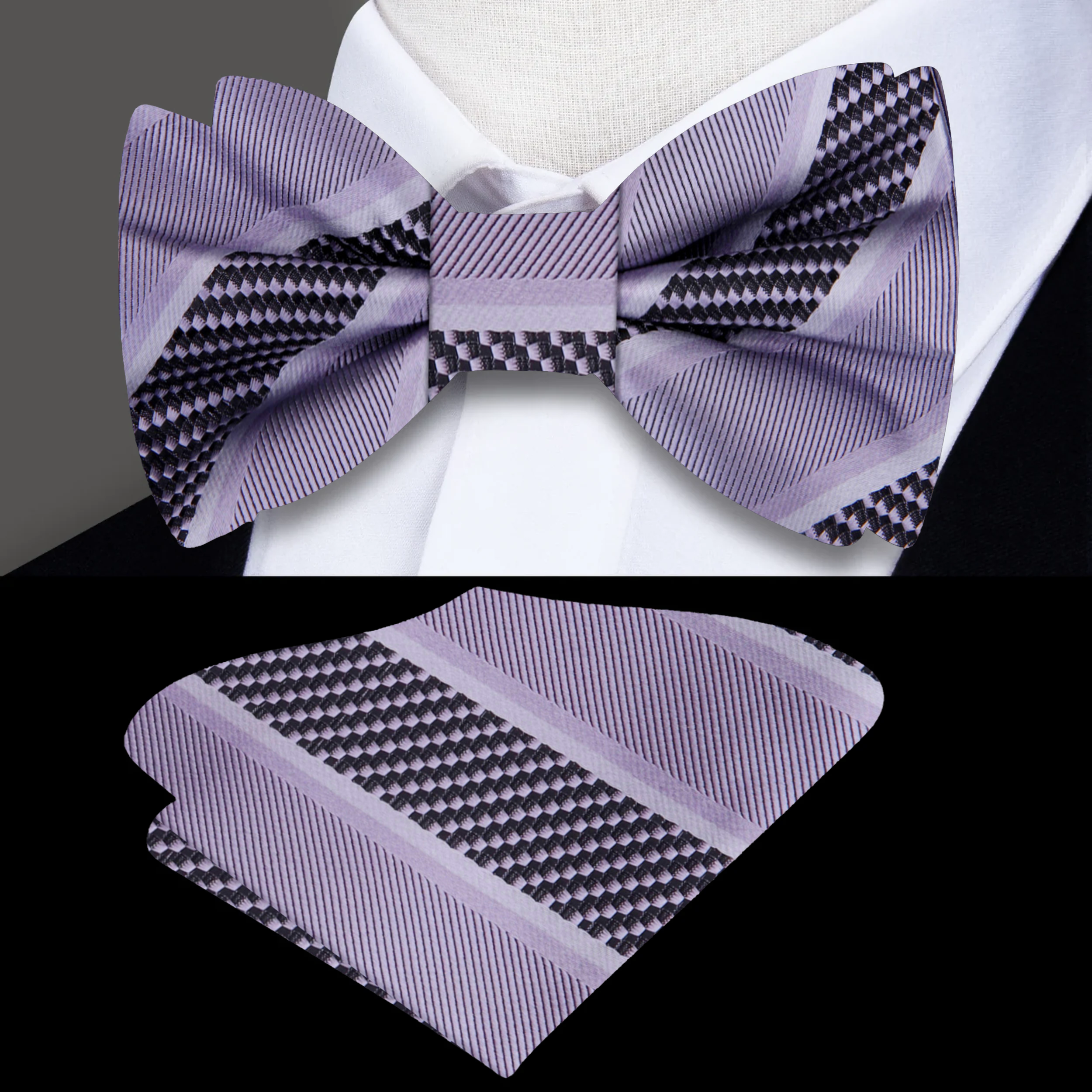 Front view of a stylish silk striped bow tie on a white background, highlighting its vibrant colors