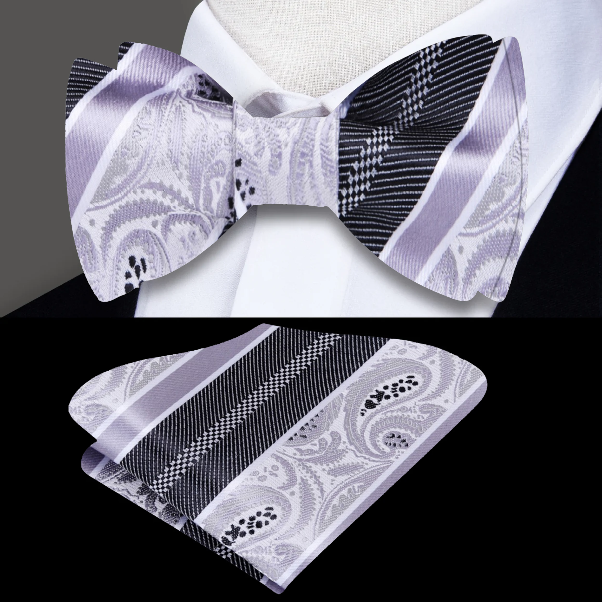Mens paisley bow tie styled with a white dress shirt for formal occasions