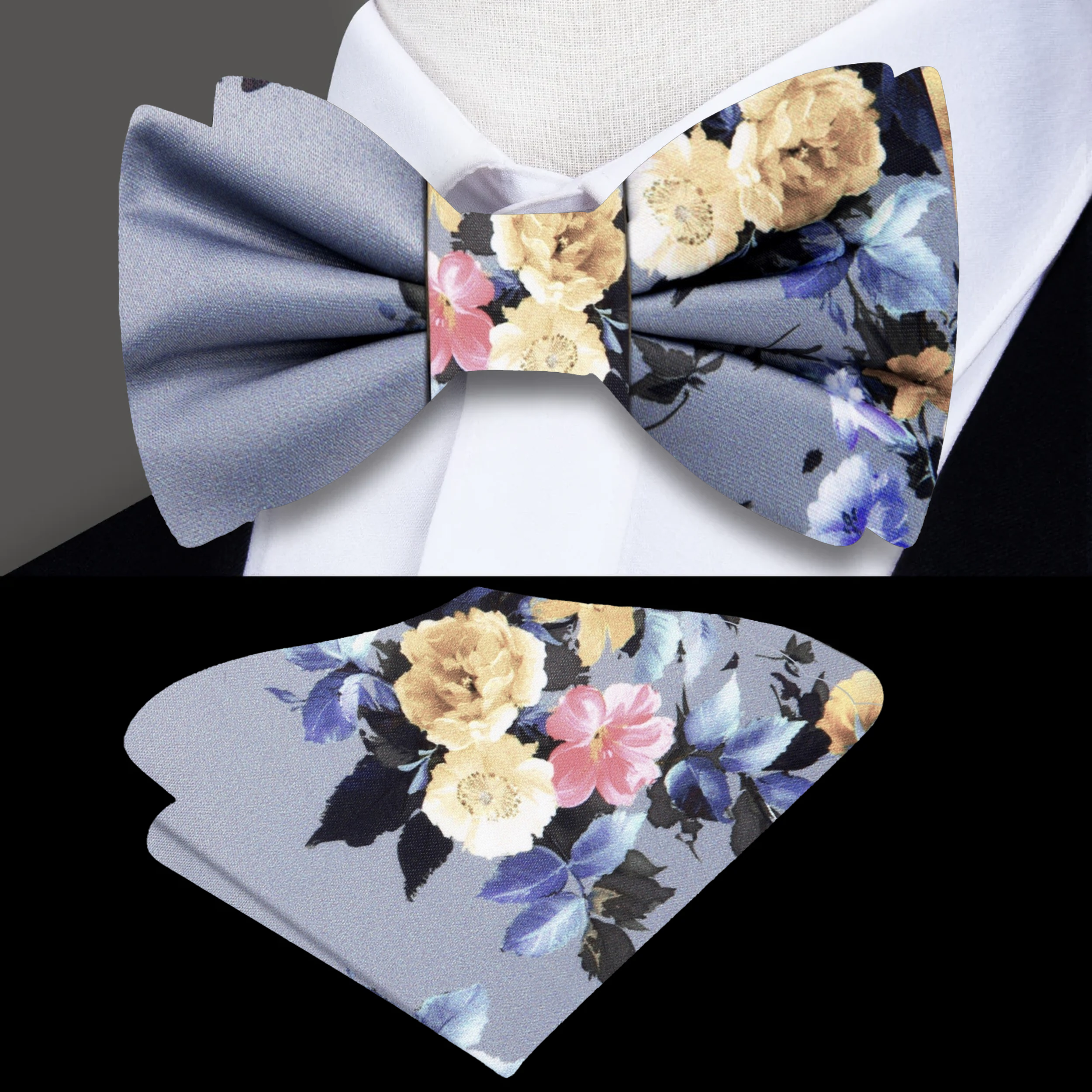 Close-up of silk floral bow tie in stormy gray with green and purple accents