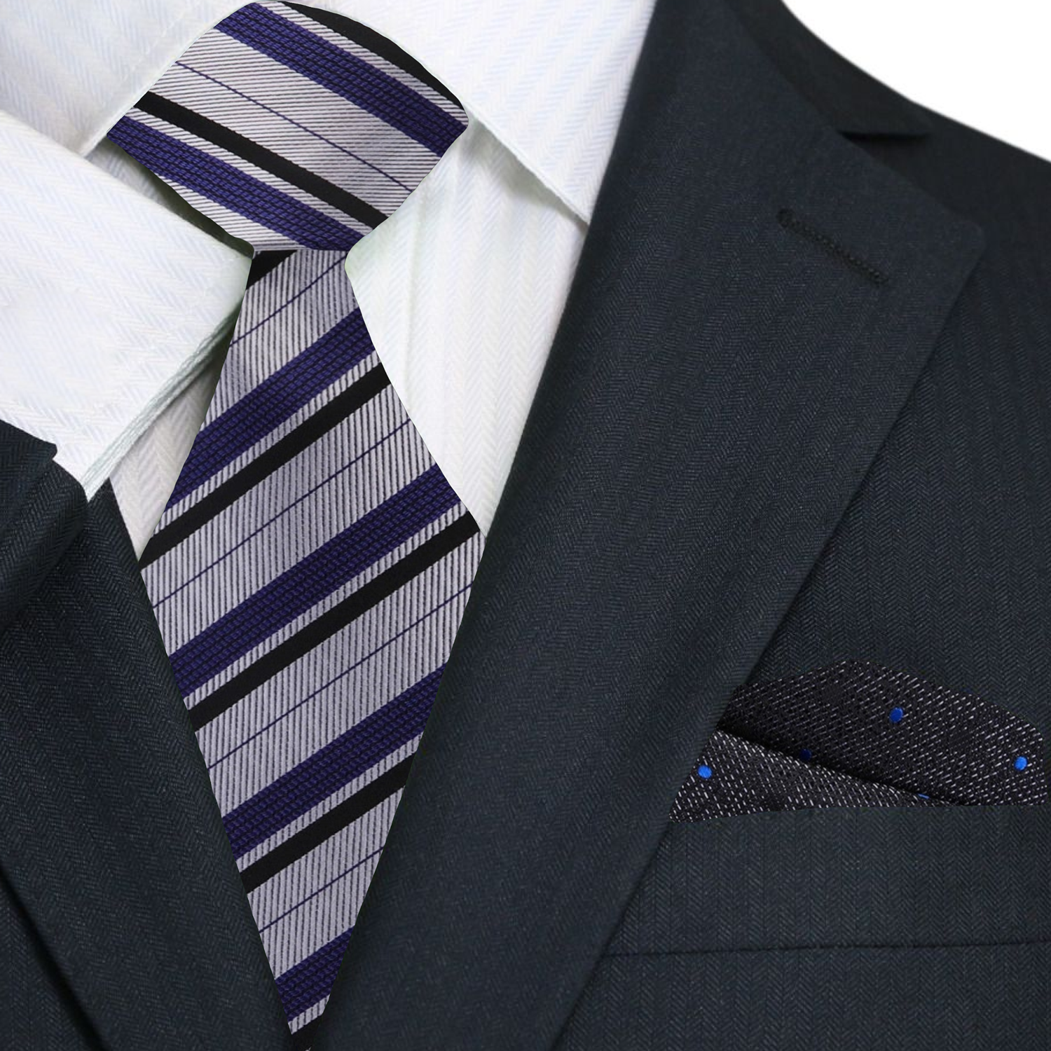 Close-up detail of the silk fabric and stripe pattern on the tie.