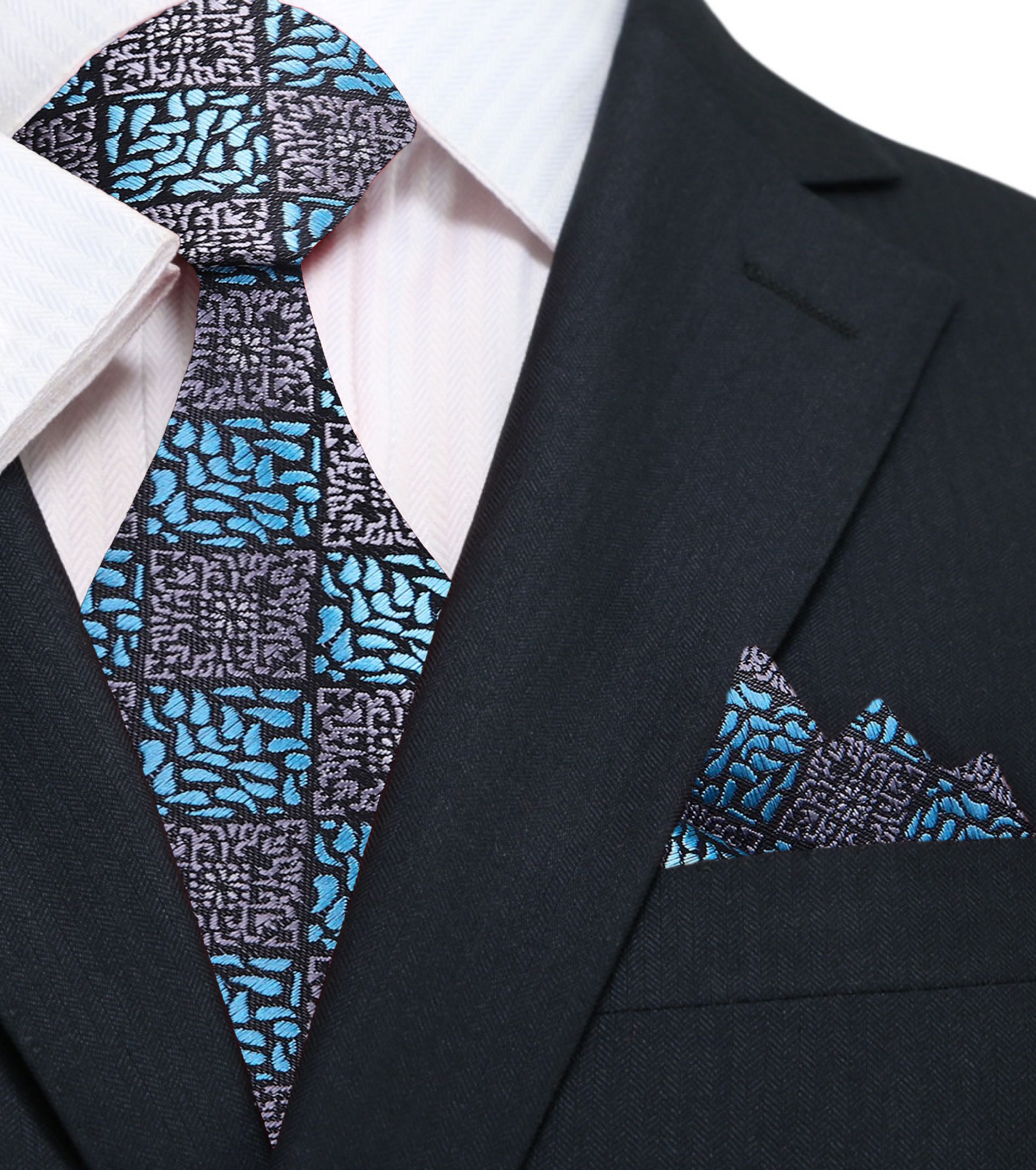 Flat lay of the silk necktie with matching pocket square