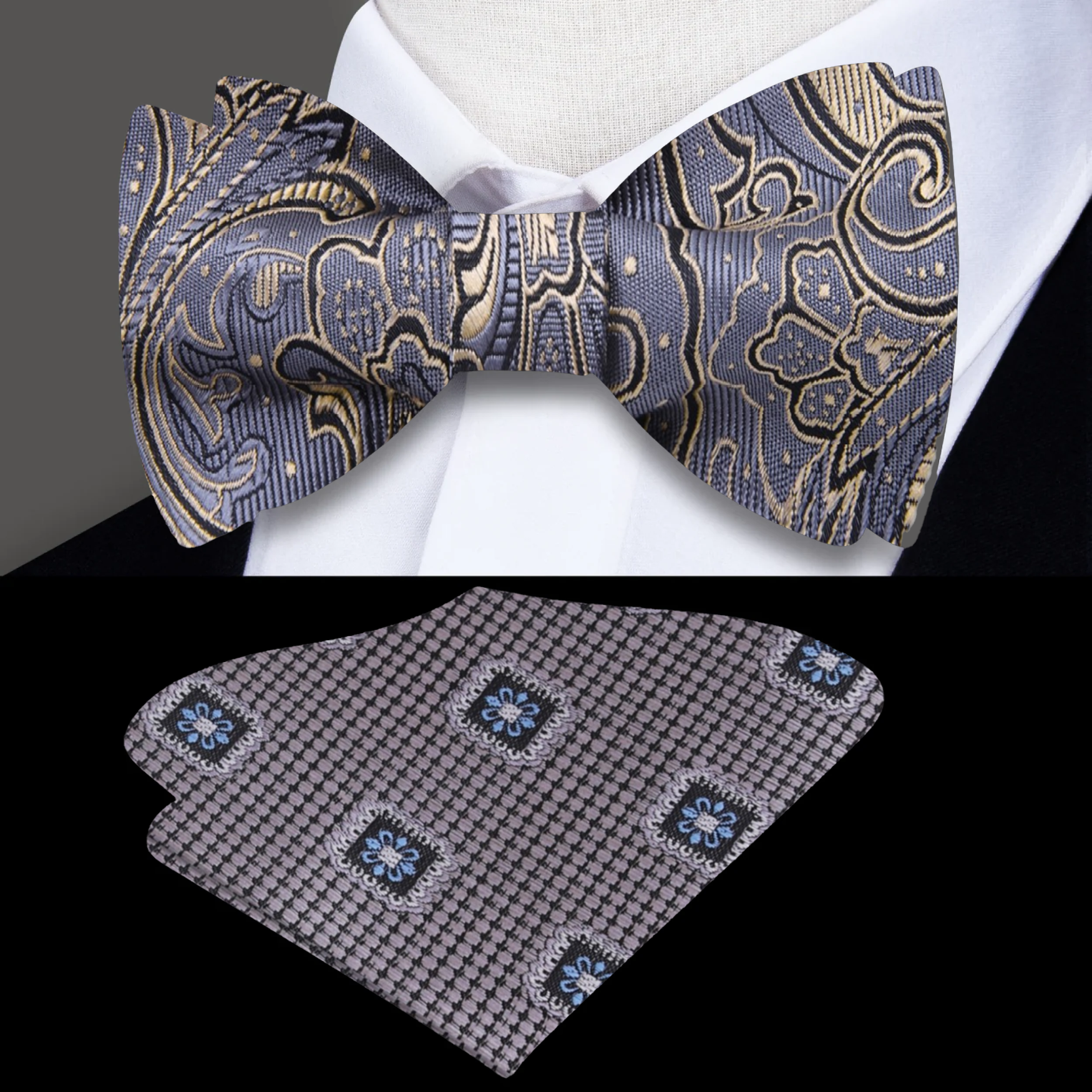 Close-up of grey paisley self-tie bow tie showing detailed pattern