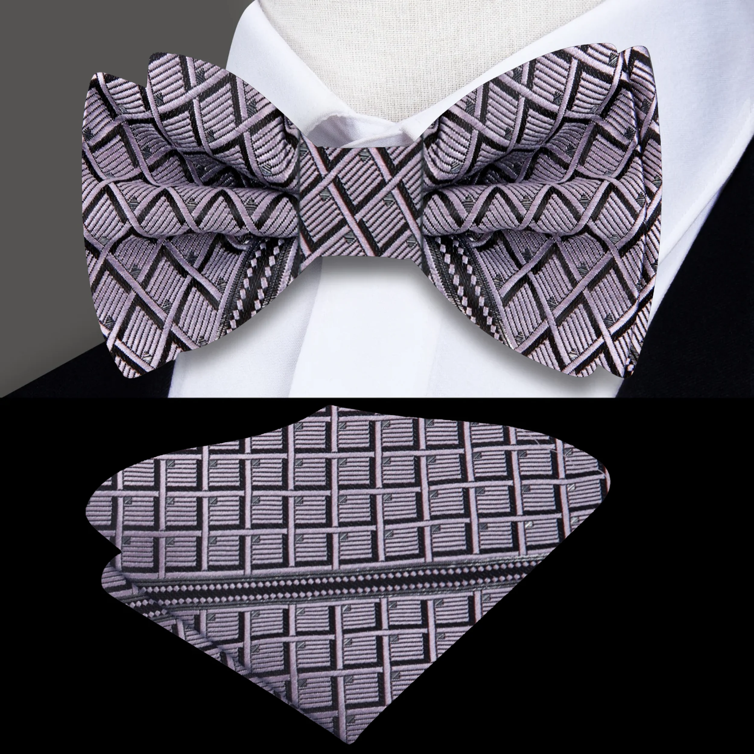 Close-up of waffle geometric pattern silk bow tie in purple and grey for formal occasions