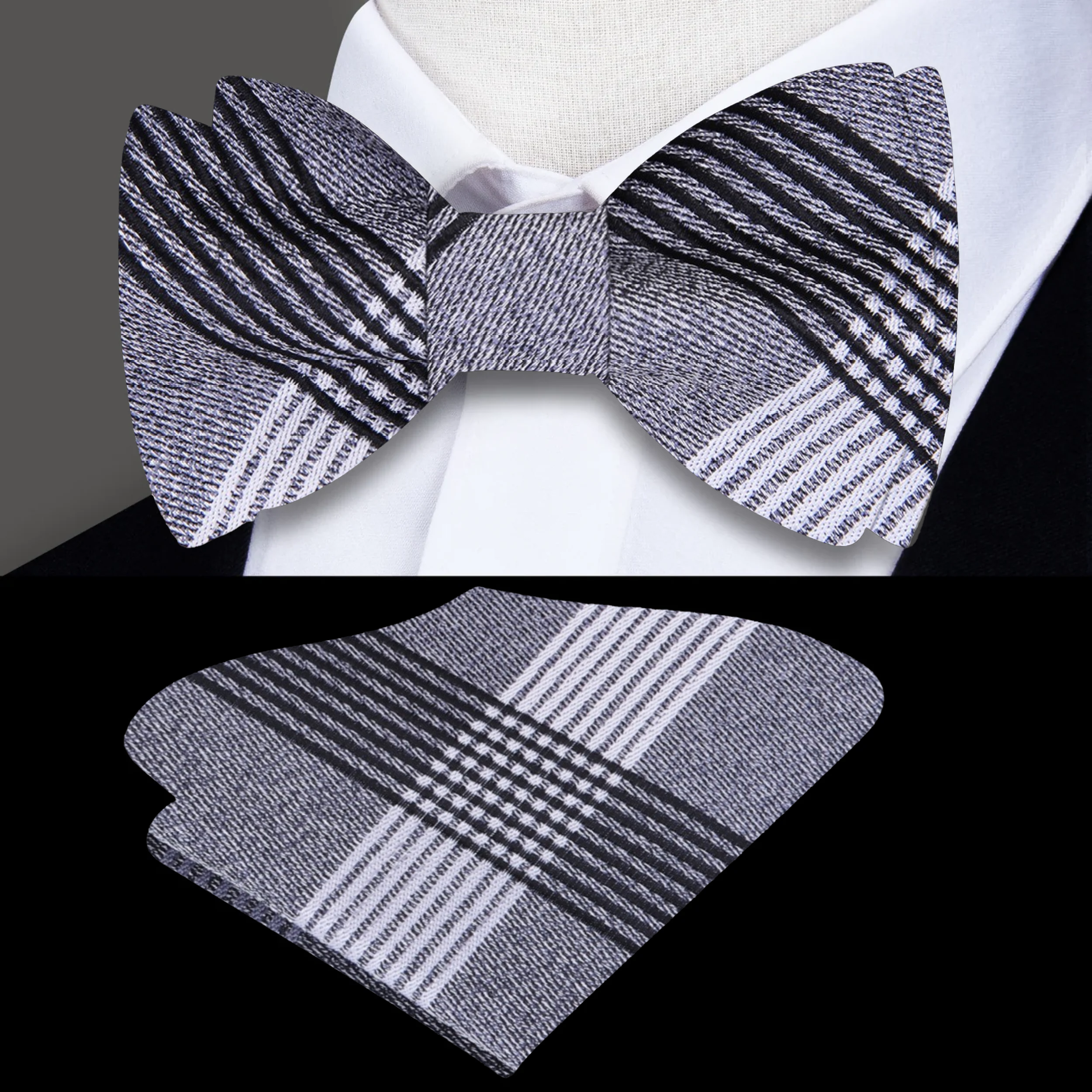 Close-up of grey and black plaid silk bow tie on white dress shirt – elegant formal wear