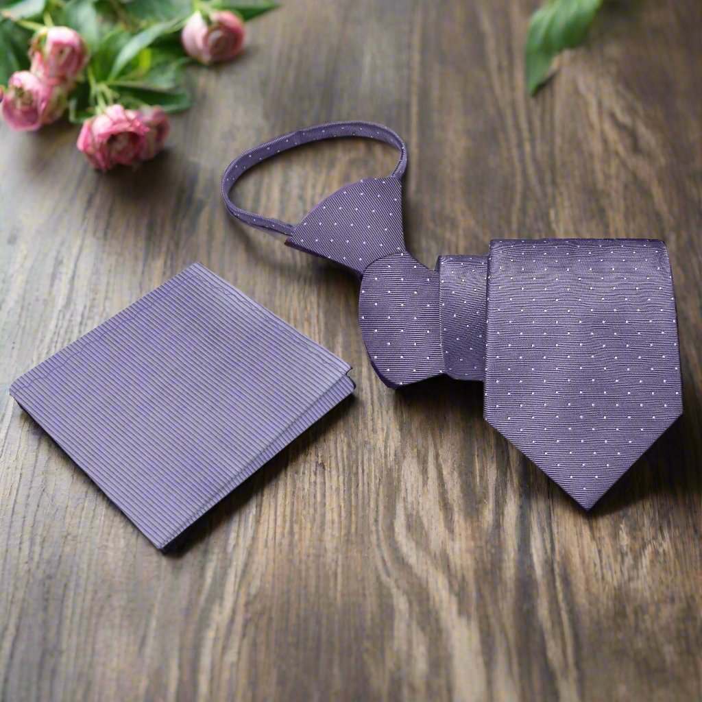 Fashionable polka dot silk tie displayed on a hanger with vibrant color options