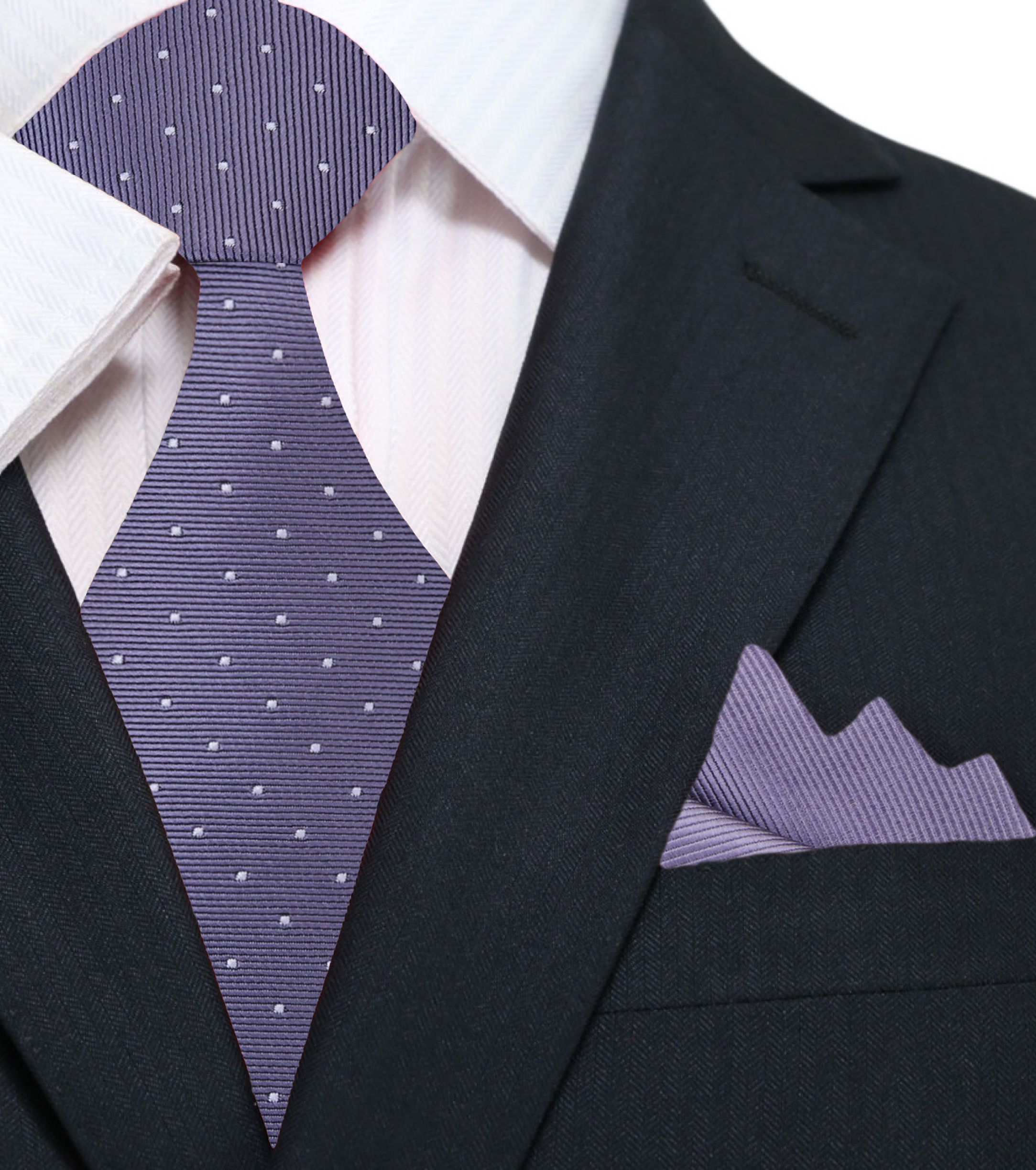 Close-up of a navy silk tie with white polka dots, ideal for formal occasions