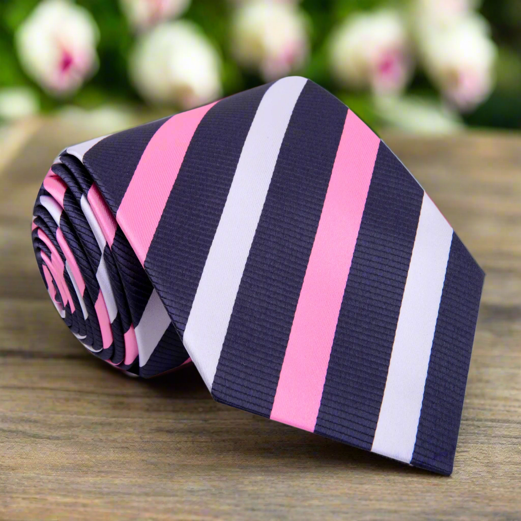 Eastbrook men's silk stripe necktie with grey, pink, and white pattern, front view