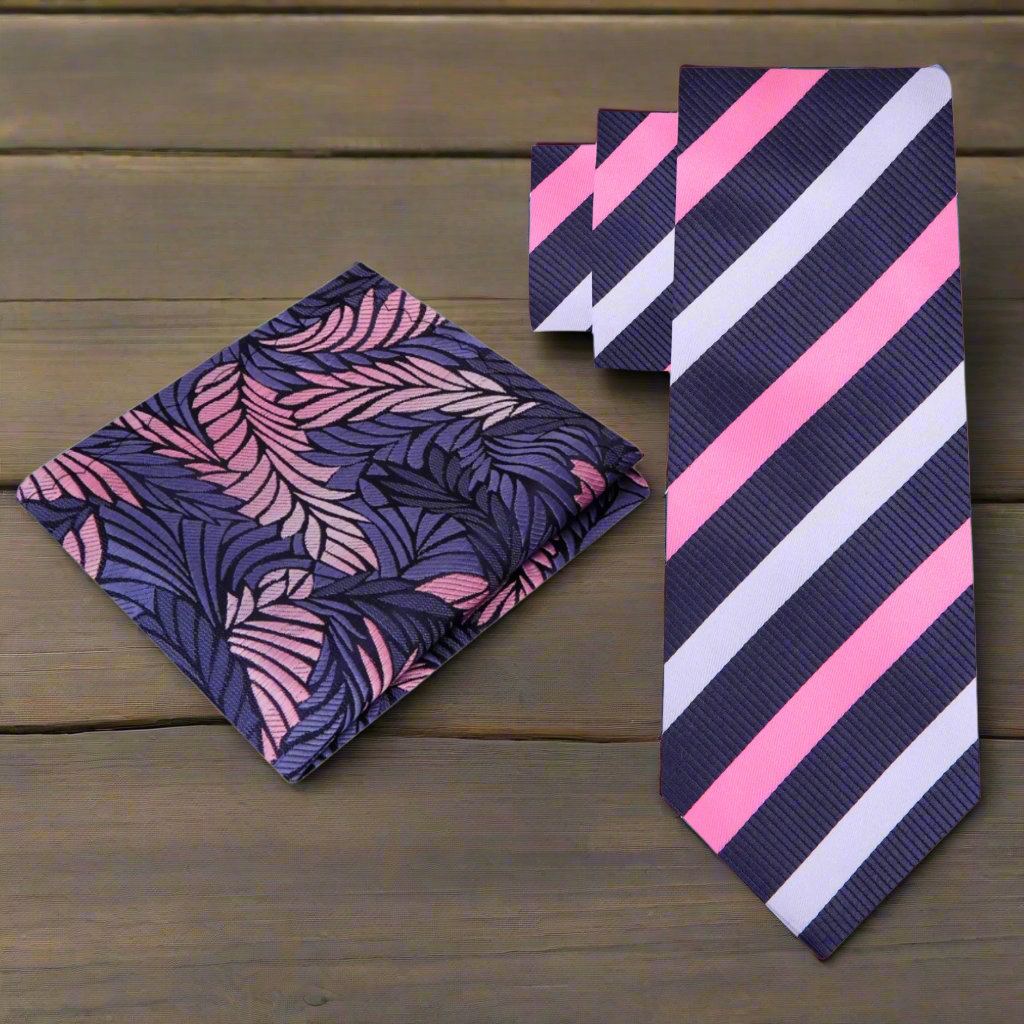 Eastbrook mens silk stripe necktie with grey, pink, and white pattern, front view