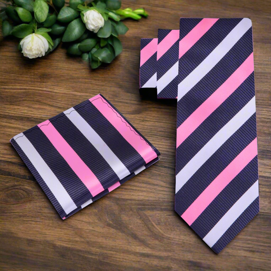 Eastbrook mens silk stripe necktie with grey, pink, and white pattern, front view