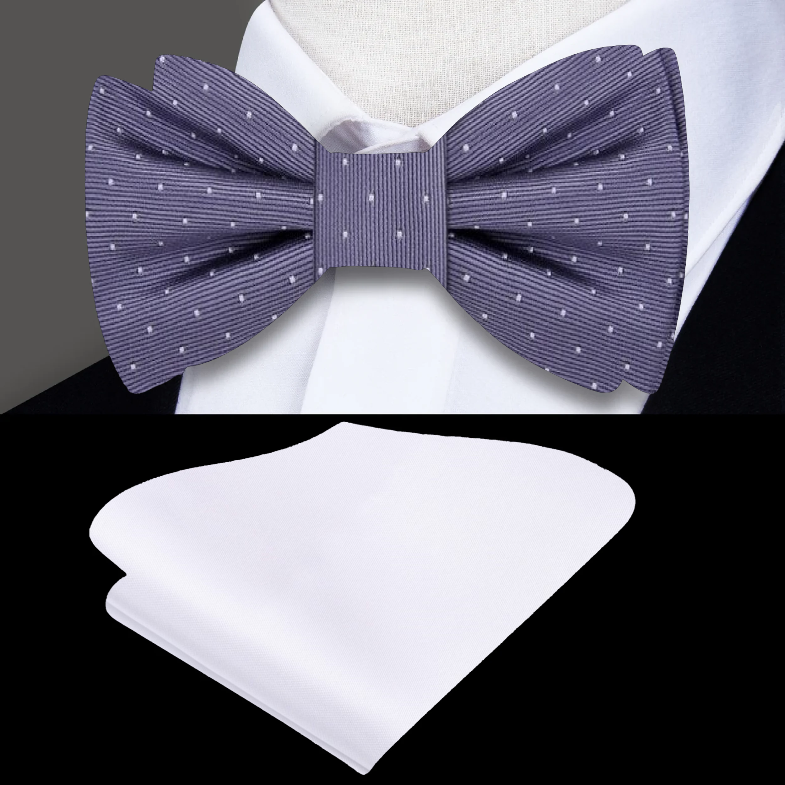 Red polka dot bow tie and pocket square set displayed with a black suit jacket, perfect for weddings