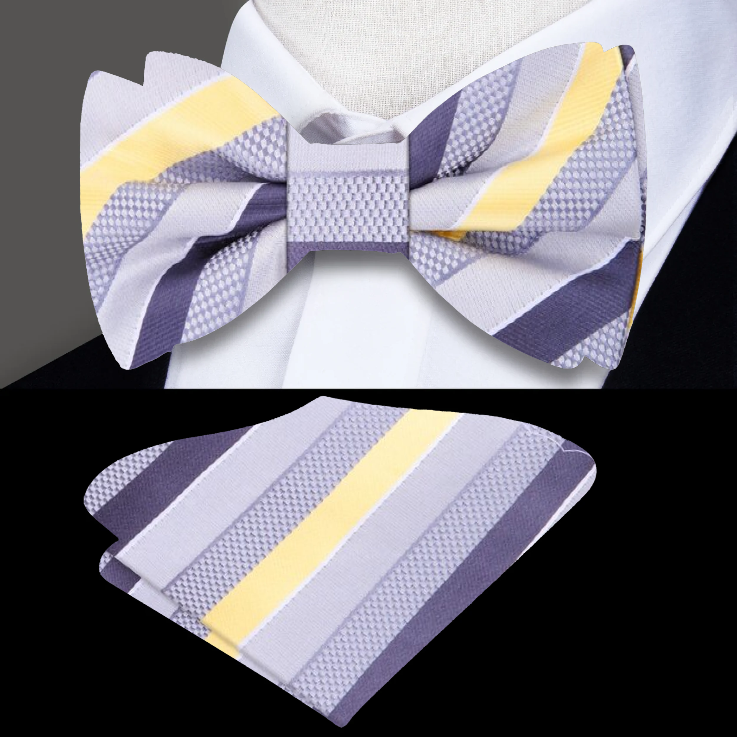 Close-up view of the silk texture of the grey and purple stripe bow tie