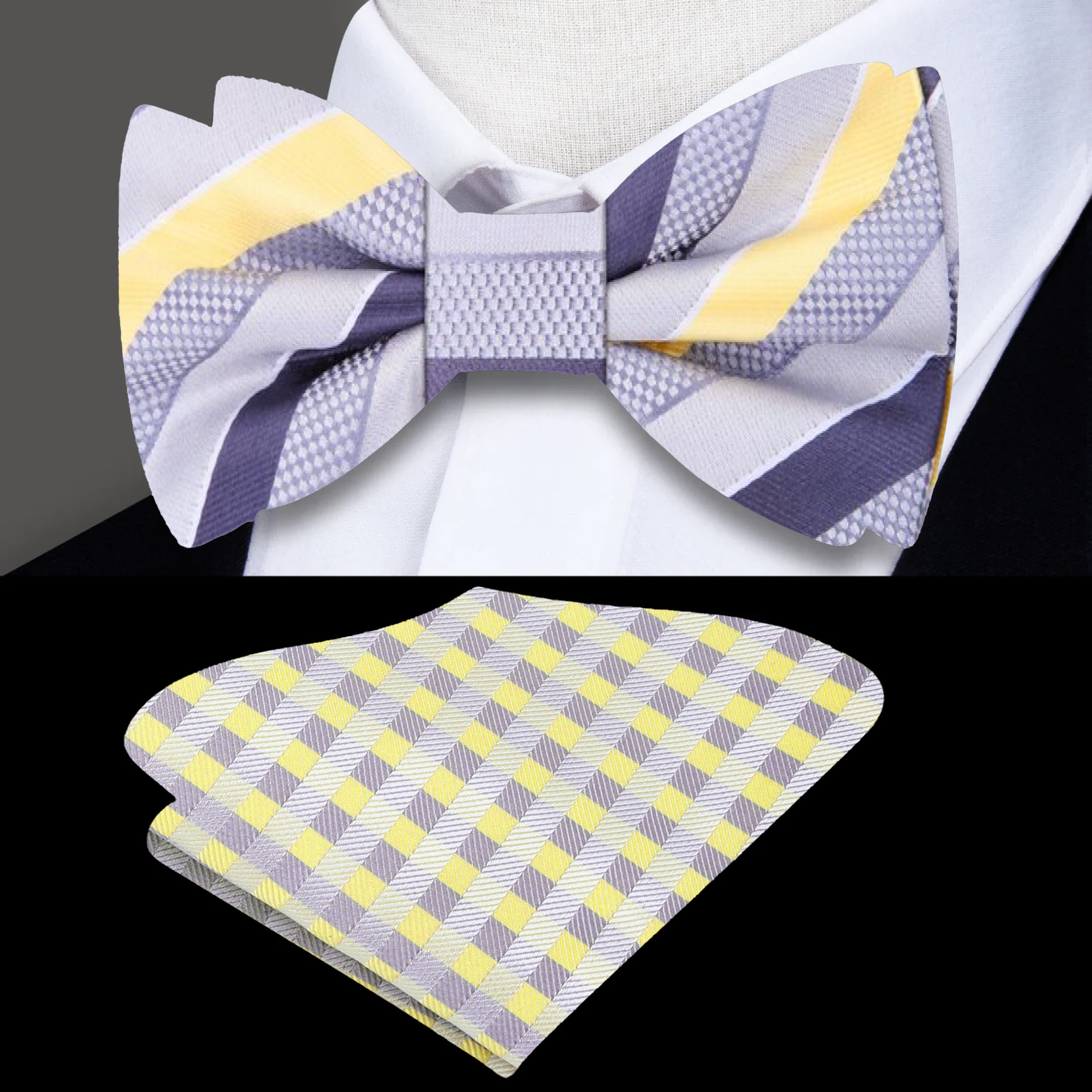 Elegant grey and purple stripe bow tie displayed on a suit