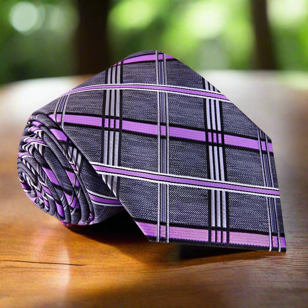 Elegant grey and lavender plaid silk tie draped elegantly on a suit jacket.