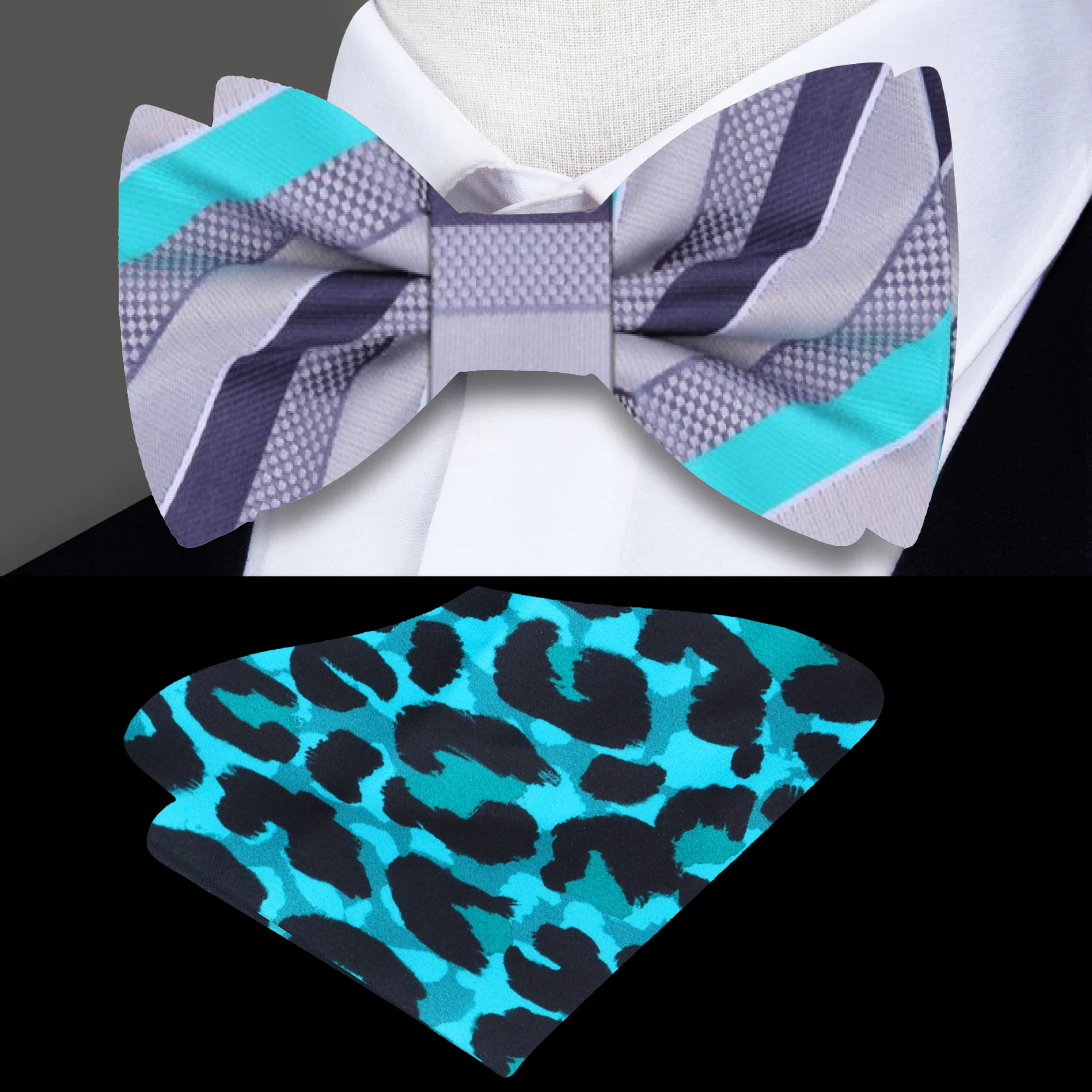 Elegant grey and purple stripe bow tie displayed on a suit