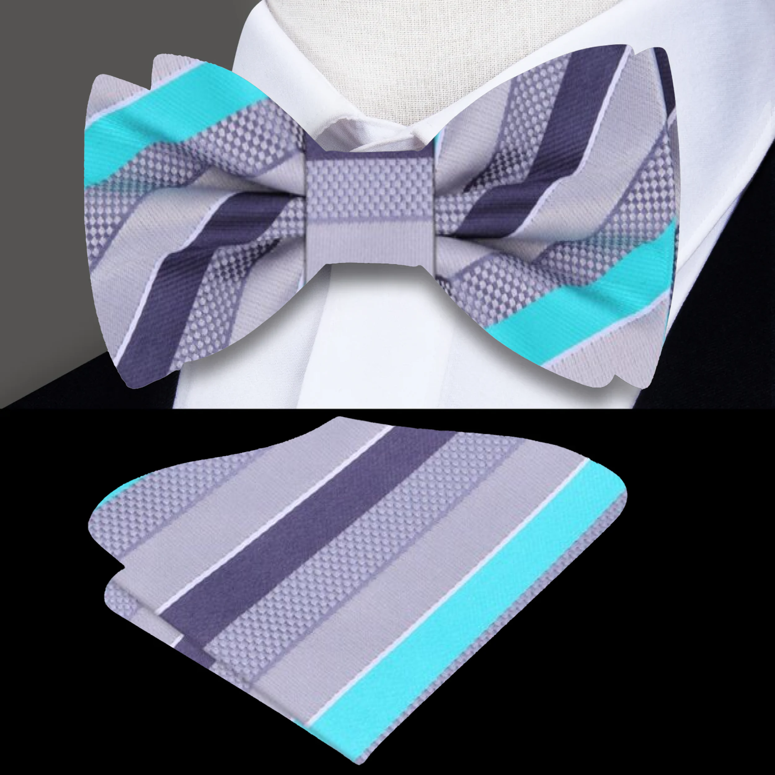 Close-up view of the silk texture of the grey and purple stripe bow tie