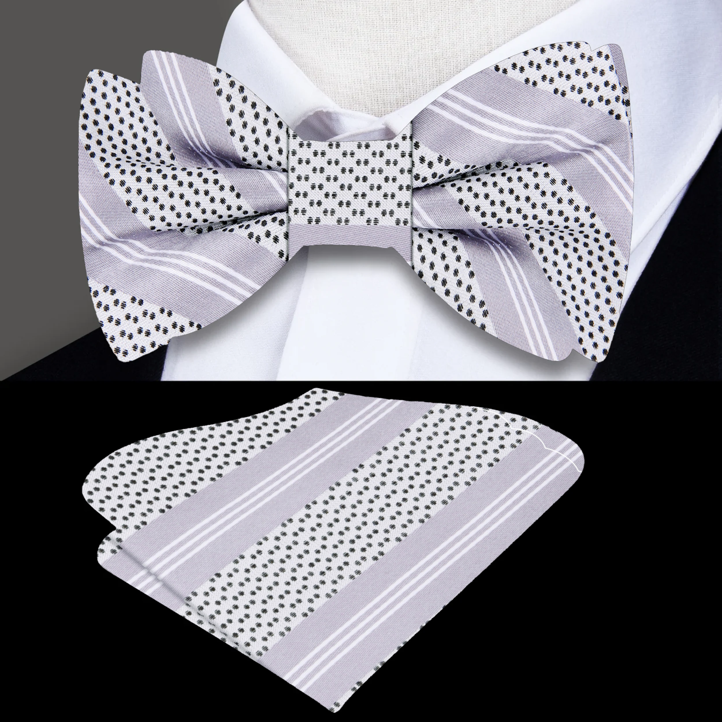 Close-up of vibrant yellow striped silk bow tie designed for weddings and formal events.
