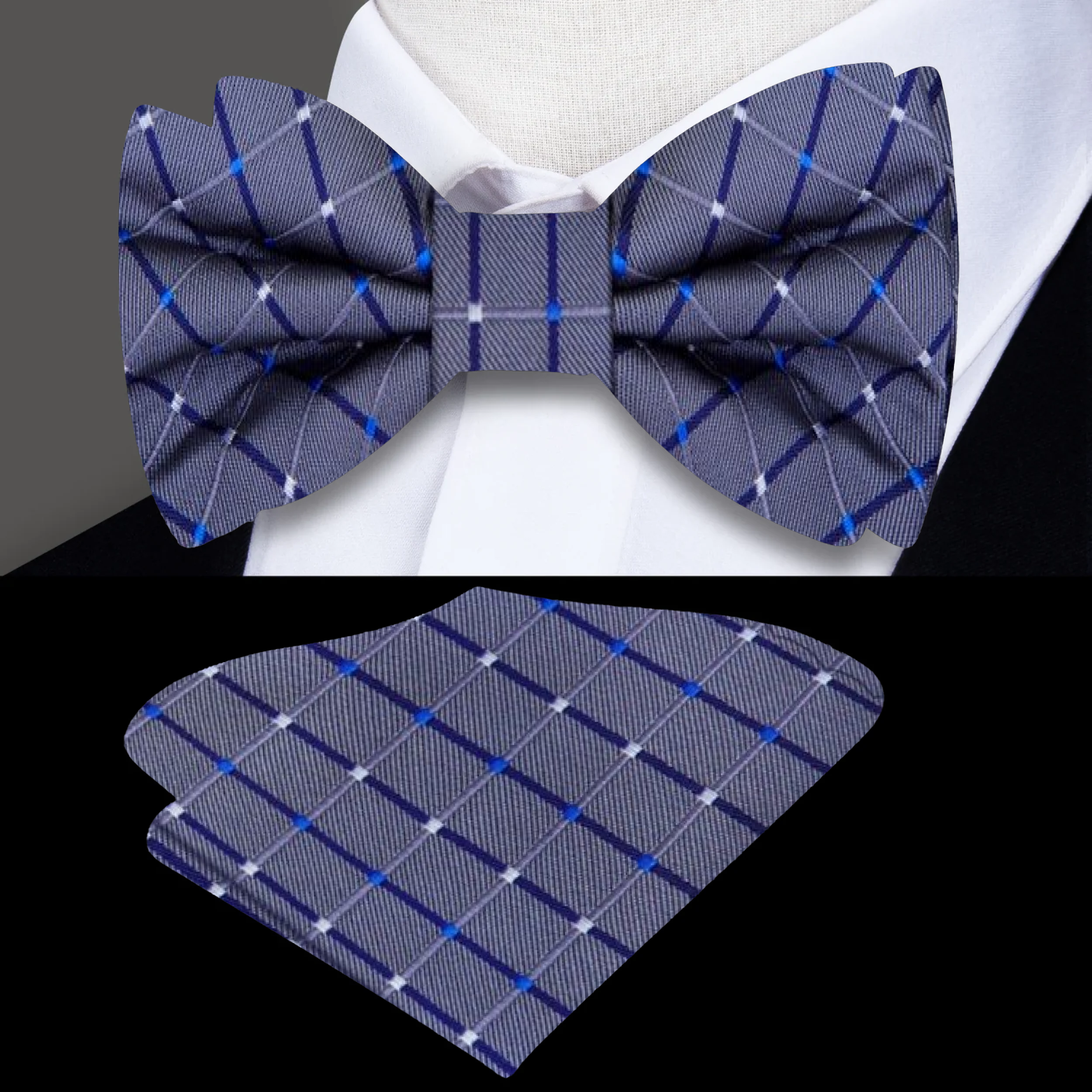 Close-up of pre-tied bow tie in geometric grey pattern, ideal for boys formal wear