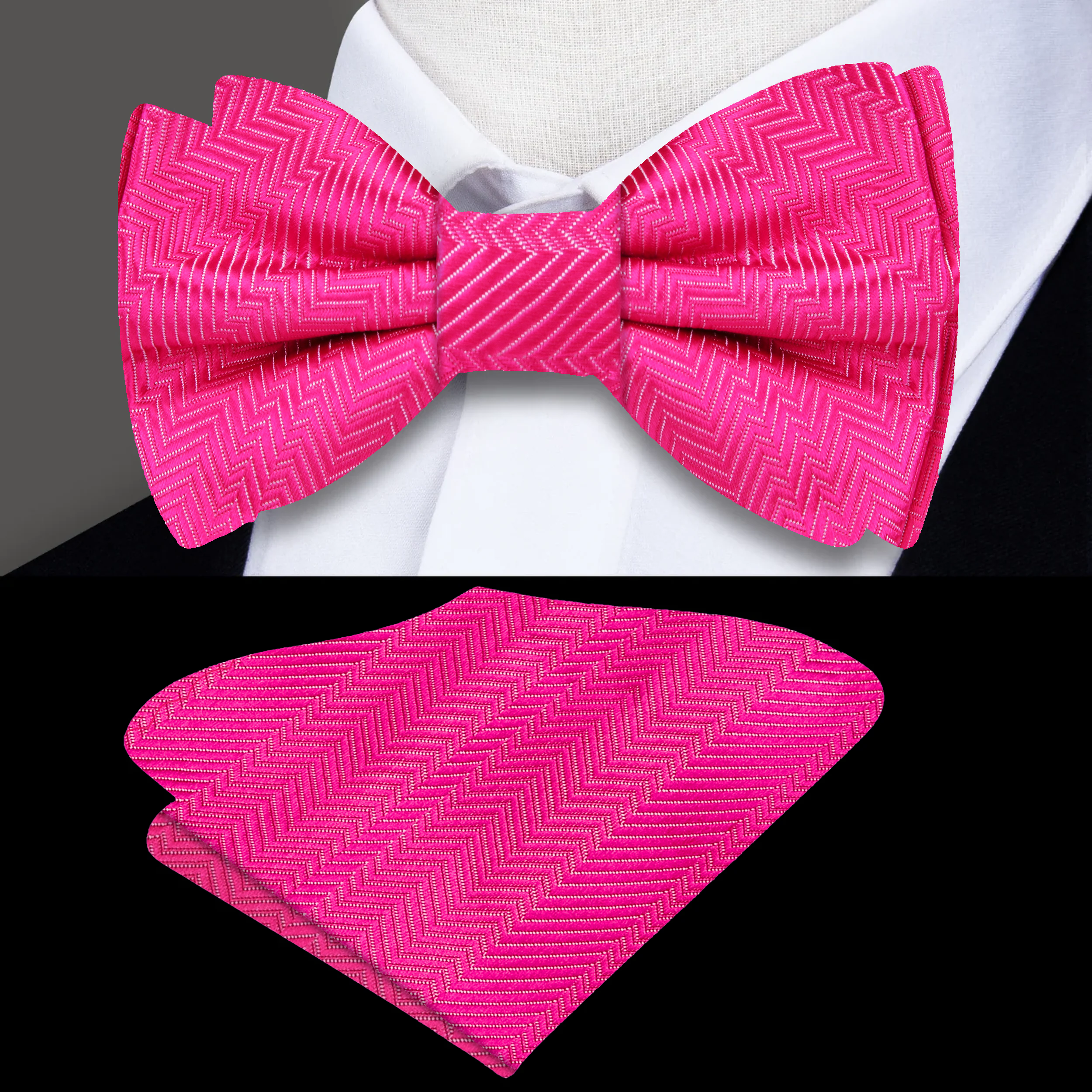 Mens stylish lined texture bow tie in shades of pink and purple for formal events