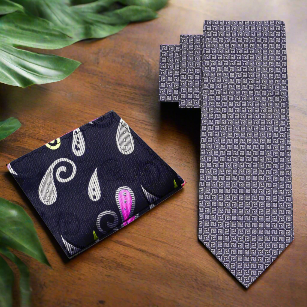 Chatterwick modern geometric necktie in light grey and dark grey, perfect for formal events.