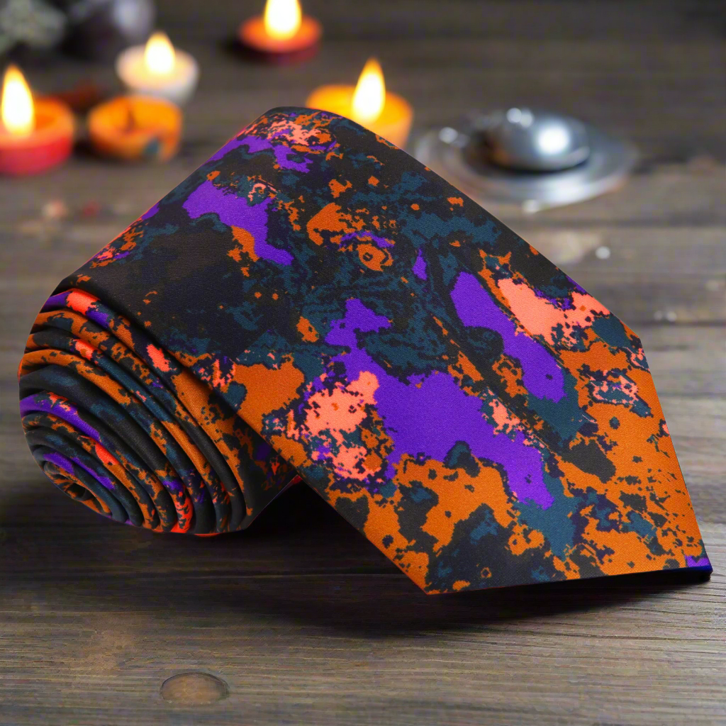 Close-up of the Halloween abstract silk necktie with vibrant colors.