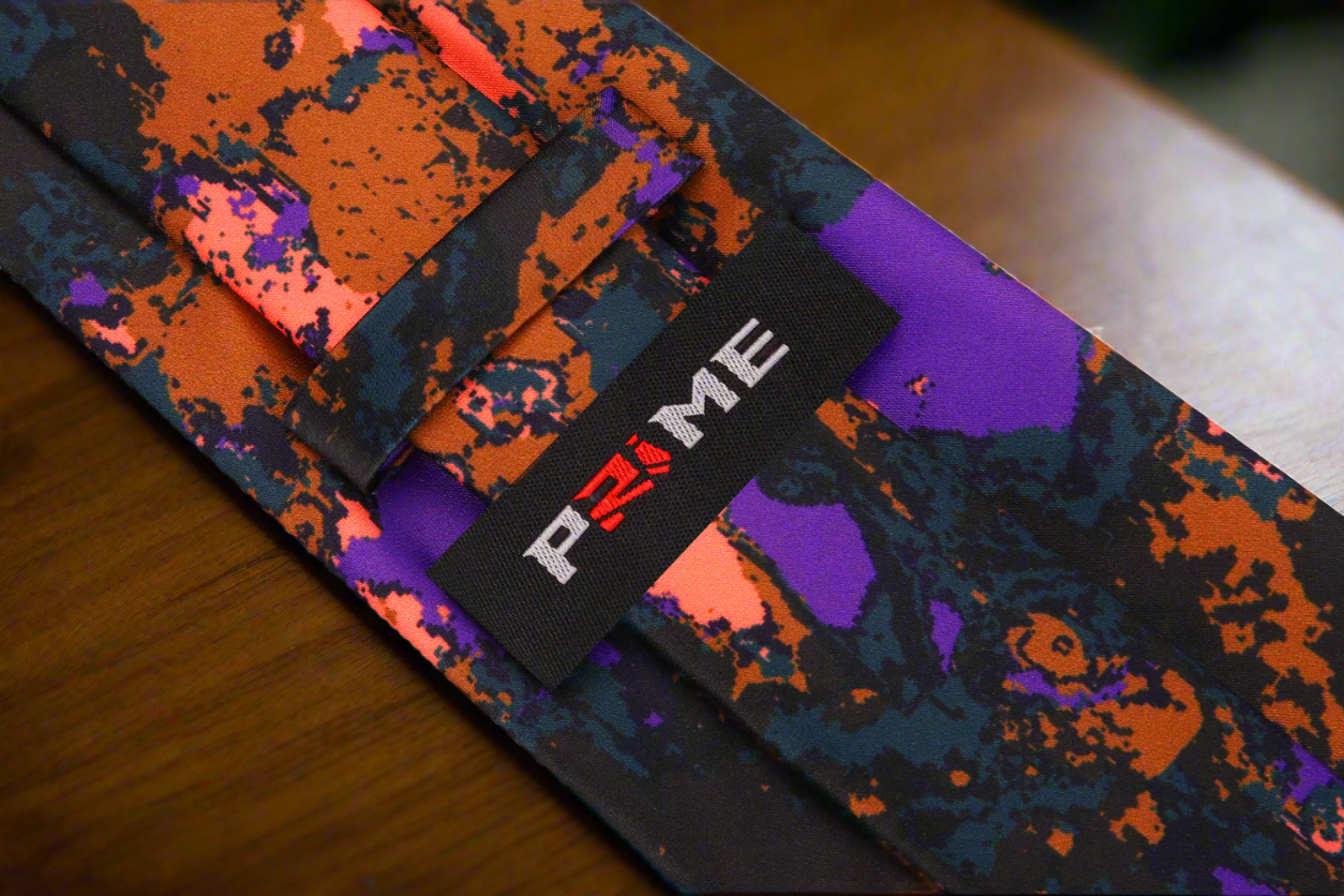 Close-up of the Halloween abstract silk necktie with vibrant colors.