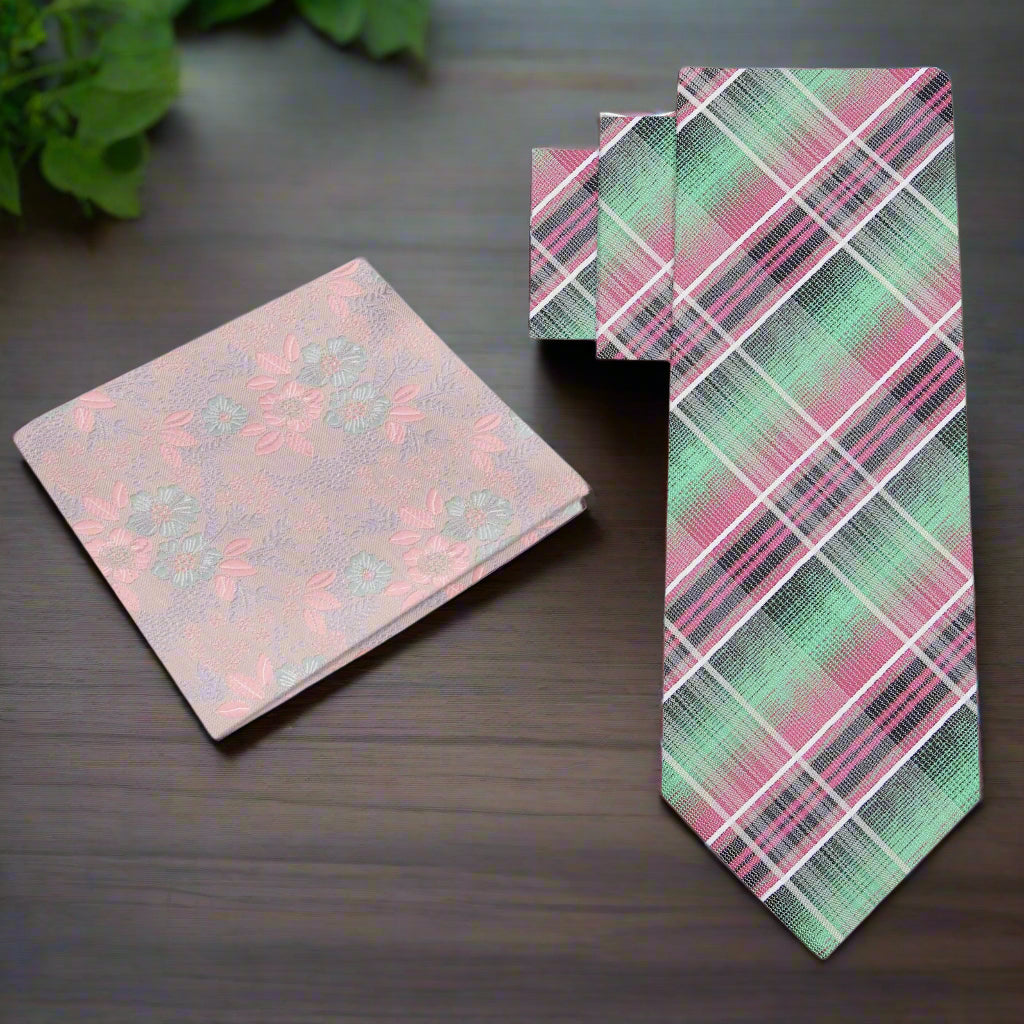 Charming plaid silk necktie paired with a light beige suit, demonstrating its suitability for garden parties.